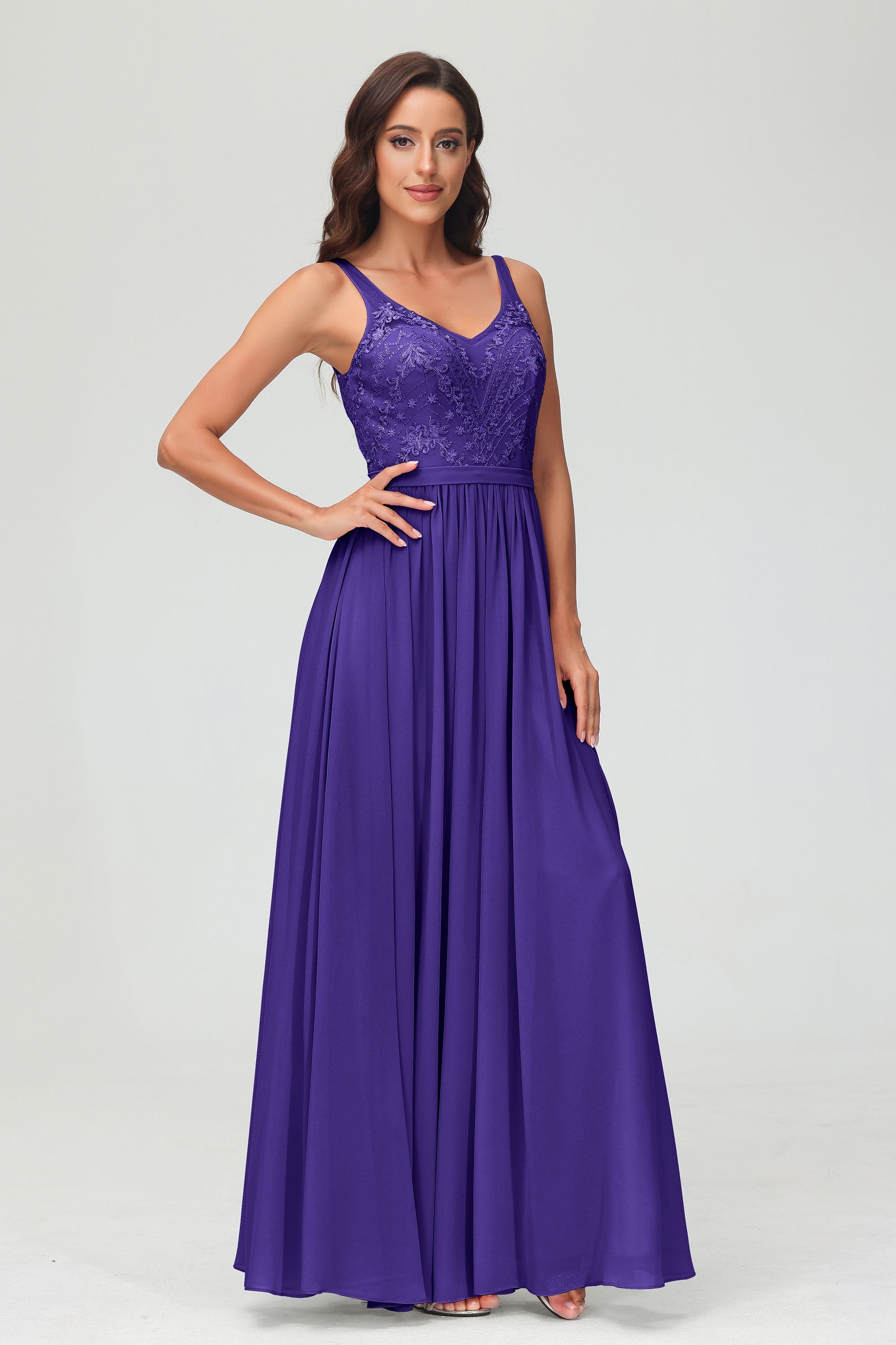 V Neck Chiffon Lace Bridesmaid Dress Formal Evening Dresses Gowns Ruffles Sleeveless
