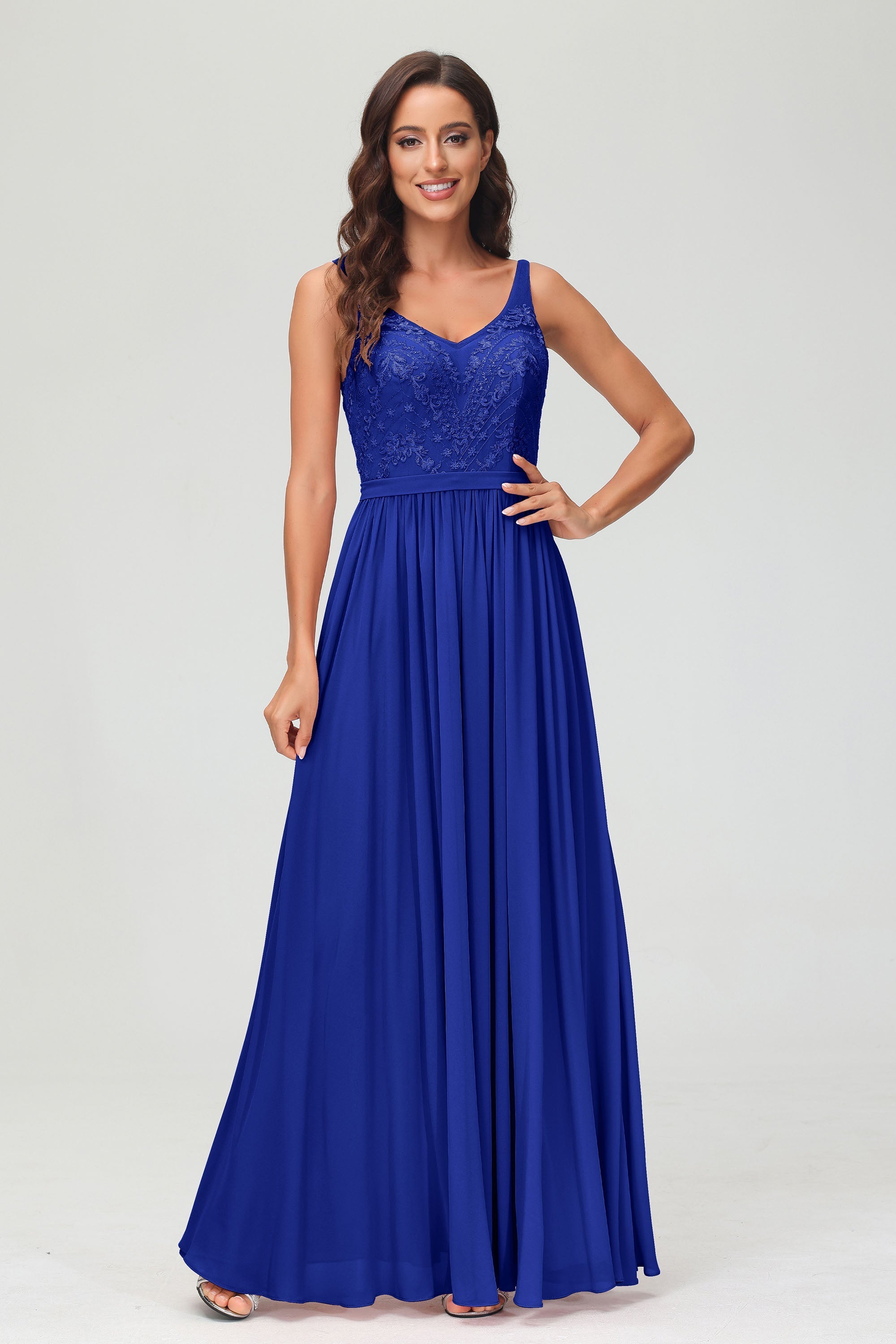 V Neck Chiffon Lace Bridesmaid Dress Formal Evening Dresses Gowns Ruffles Sleeveless