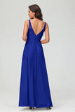 V Neck Chiffon Lace Bridesmaid Dress Formal Evening Dresses Gowns Ruffles Sleeveless