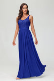 V Neck Chiffon Lace Bridesmaid Dress Formal Evening Dresses Gowns Ruffles Sleeveless