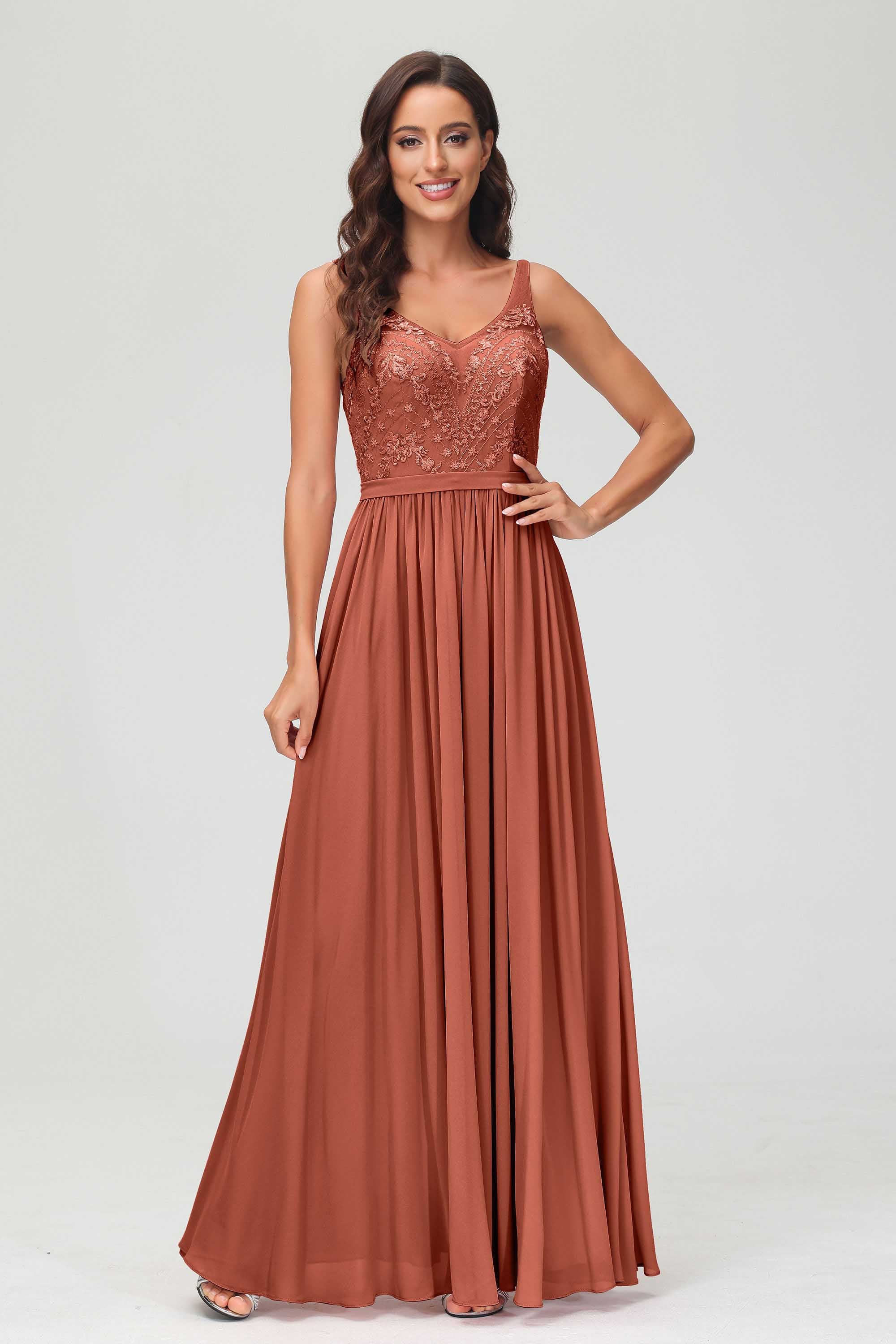 V Neck Chiffon Lace Bridesmaid Dress Formal Evening Dresses Gowns Ruffles Sleeveless