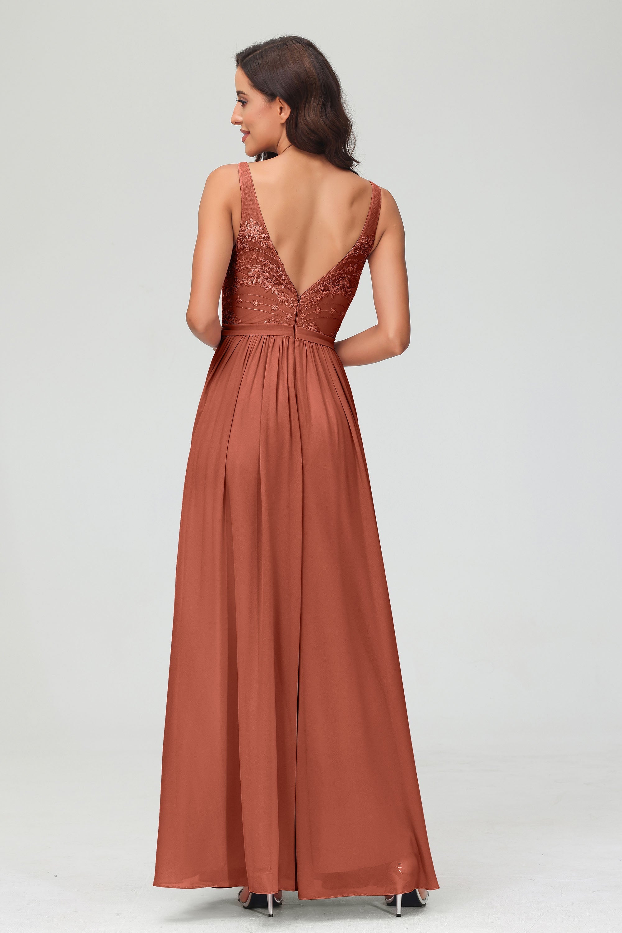 V Neck Chiffon Lace Bridesmaid Dress Formal Evening Dresses Gowns Ruffles Sleeveless