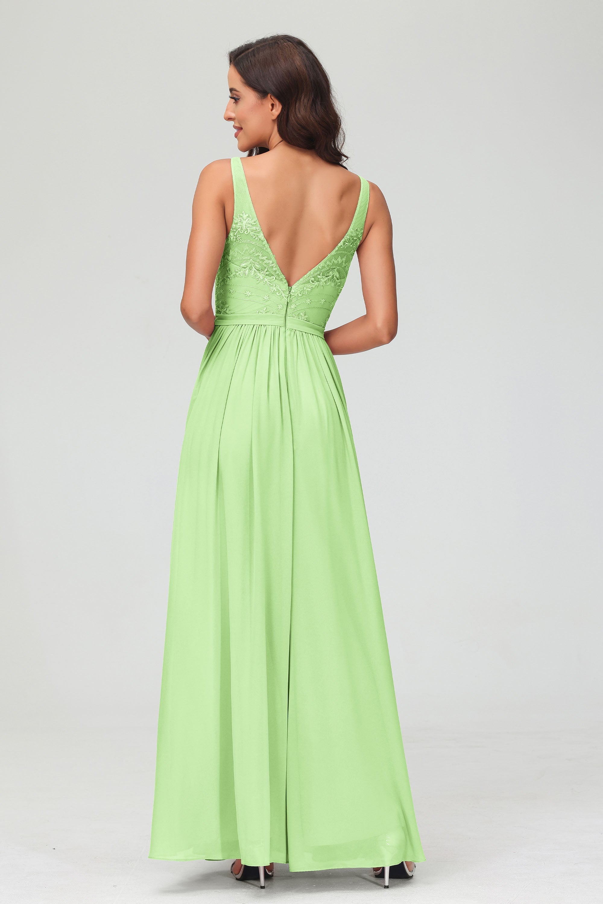 V Neck Chiffon Lace Bridesmaid Dress Formal Evening Dresses Gowns Ruffles Sleeveless
