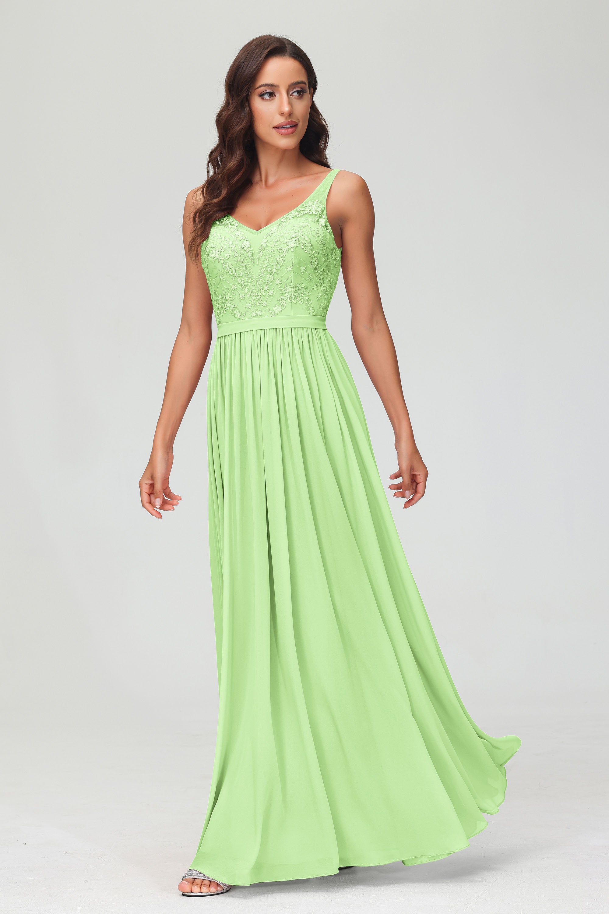 V Neck Chiffon Lace Bridesmaid Dress Formal Evening Dresses Gowns Ruffles Sleeveless