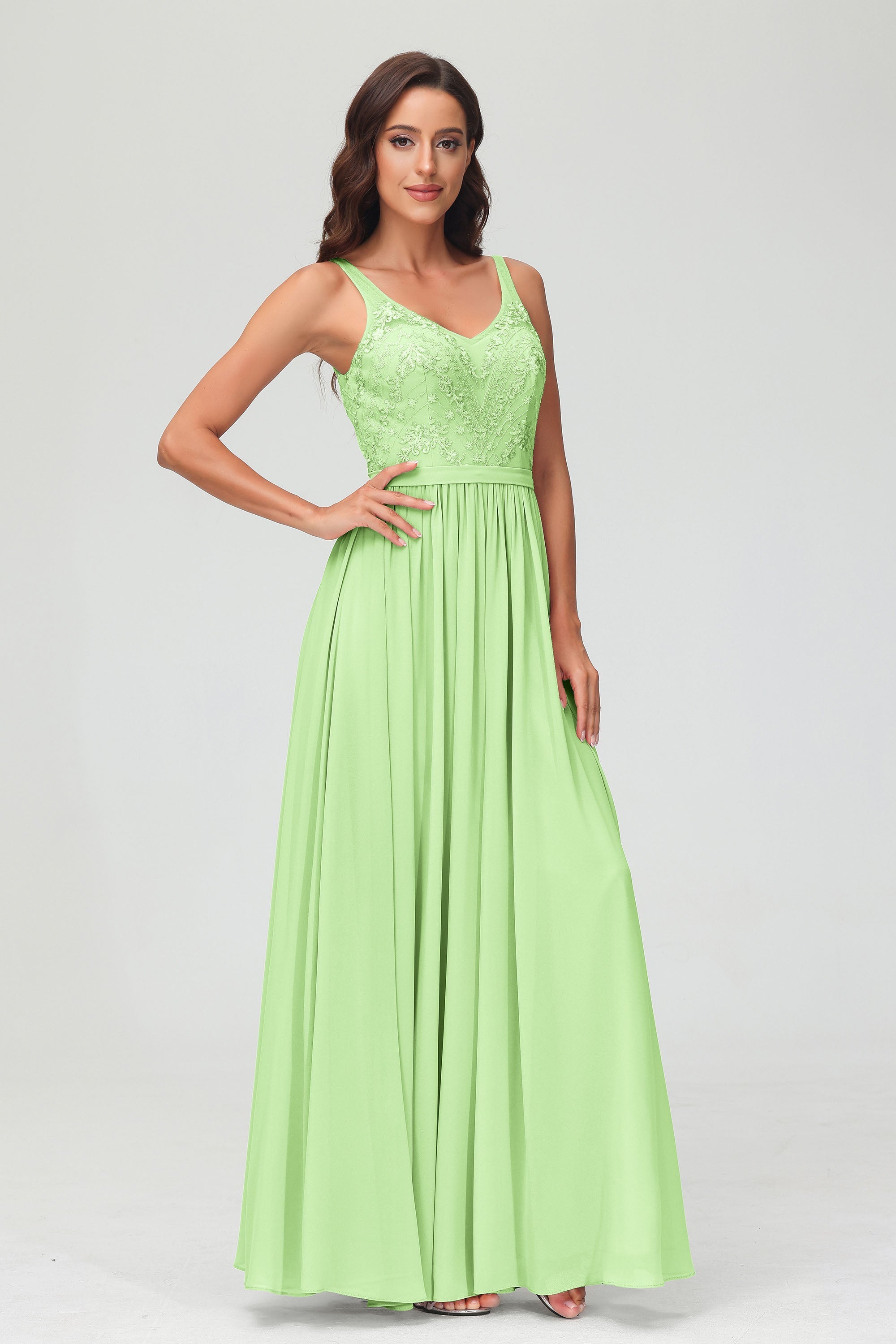 V Neck Chiffon Lace Bridesmaid Dress Formal Evening Dresses Gowns Ruffles Sleeveless