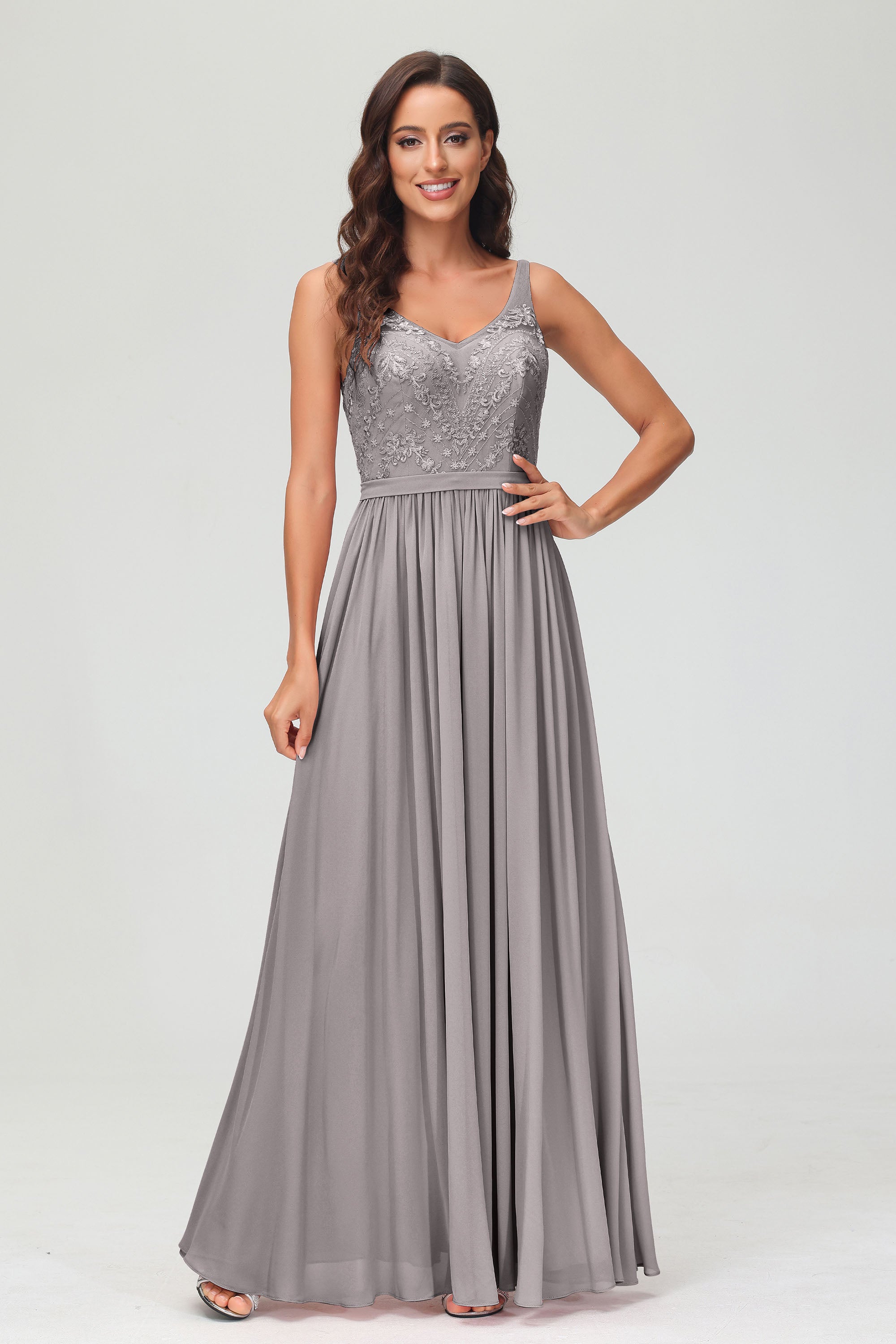 V Neck Chiffon Lace Bridesmaid Dress Formal Evening Dresses Gowns Ruffles Sleeveless