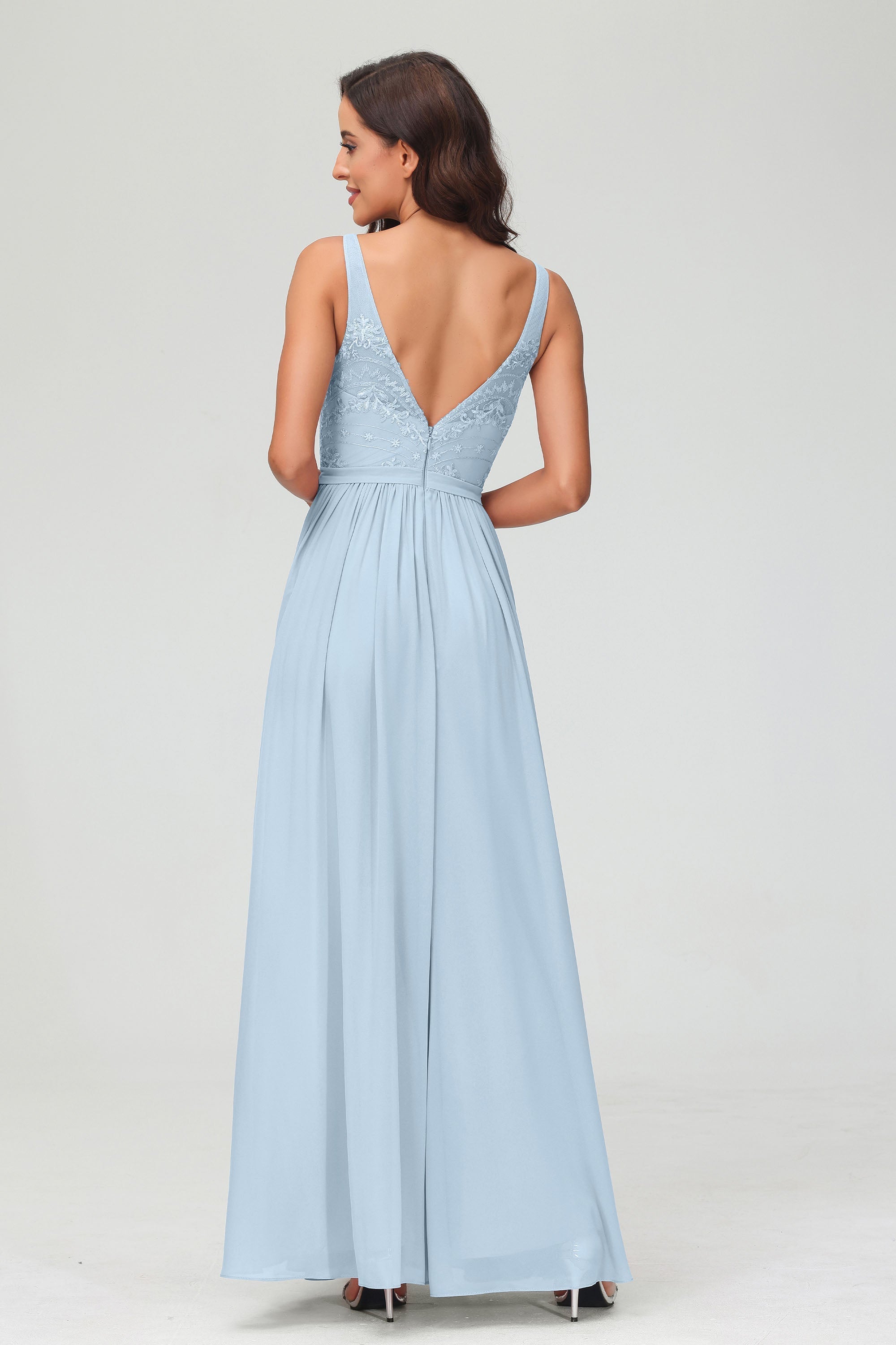 V Neck Chiffon Lace Bridesmaid Dress Formal Evening Dresses Gowns Ruffles Sleeveless