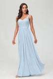 V Neck Chiffon Lace Bridesmaid Dress Formal Evening Dresses Gowns Ruffles Sleeveless