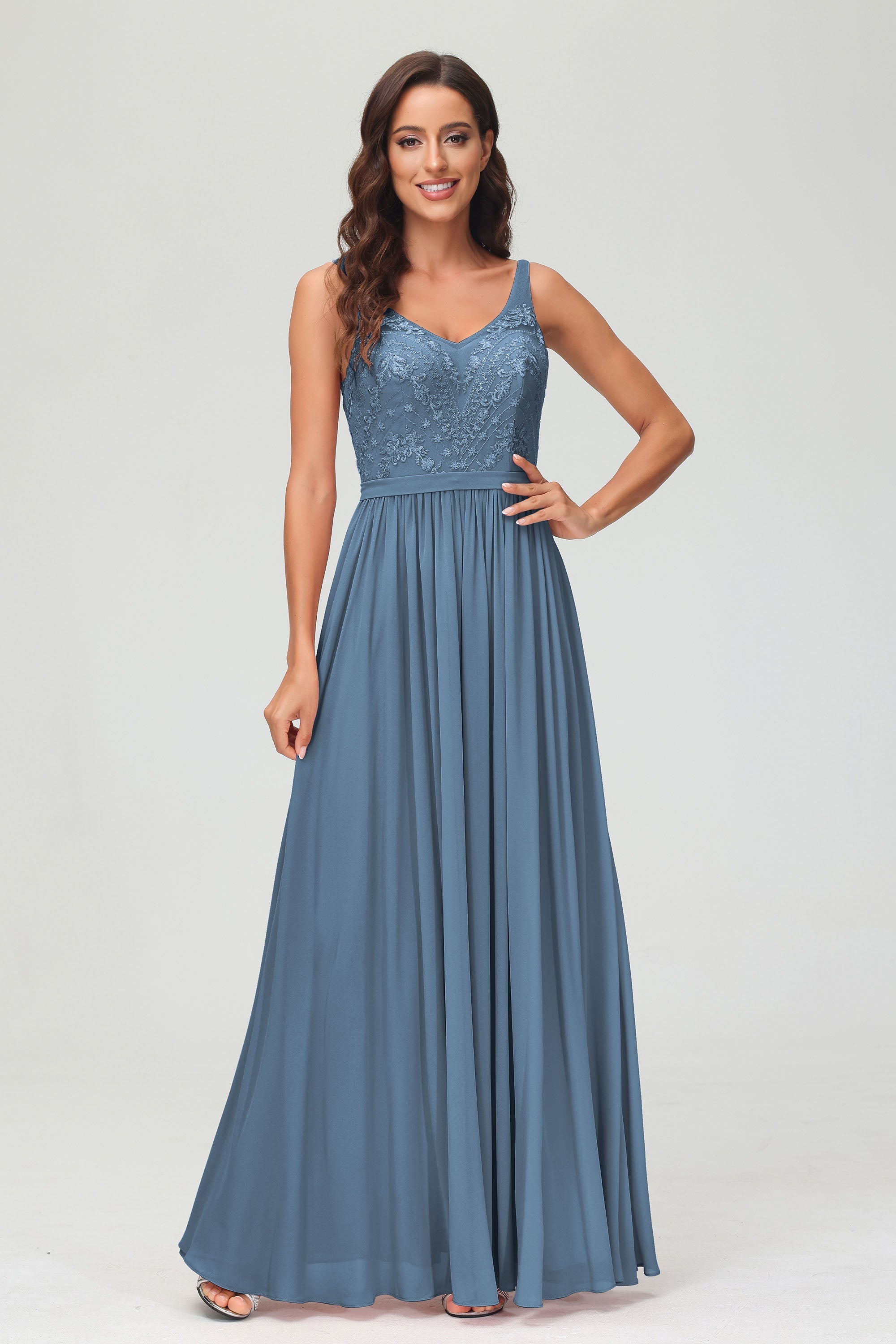 V Neck Chiffon Lace Bridesmaid Dress Formal Evening Dresses Gowns Ruffles Sleeveless