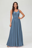 V Neck Chiffon Lace Bridesmaid Dress Formal Evening Dresses Gowns Ruffles Sleeveless