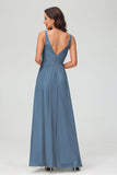V Neck Chiffon Lace Bridesmaid Dress Formal Evening Dresses Gowns Ruffles Sleeveless