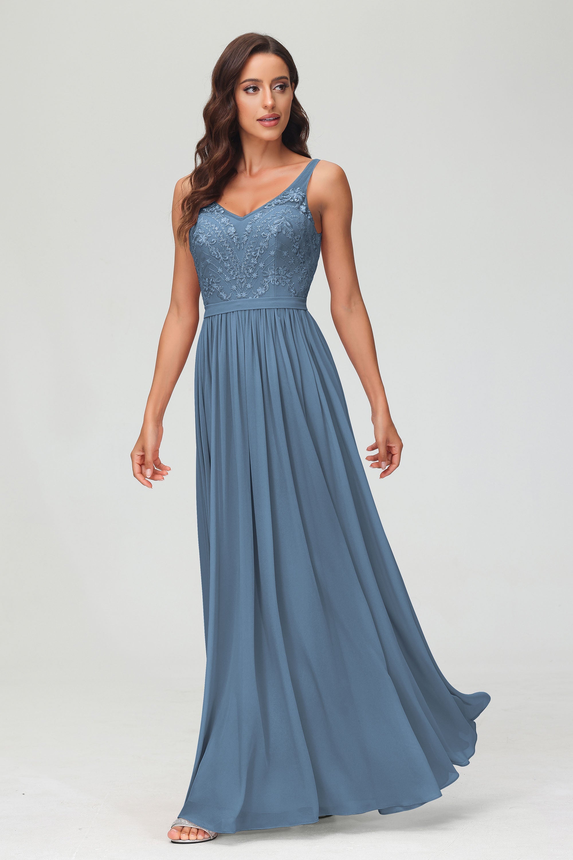 V Neck Chiffon Lace Bridesmaid Dress Formal Evening Dresses Gowns Ruffles Sleeveless