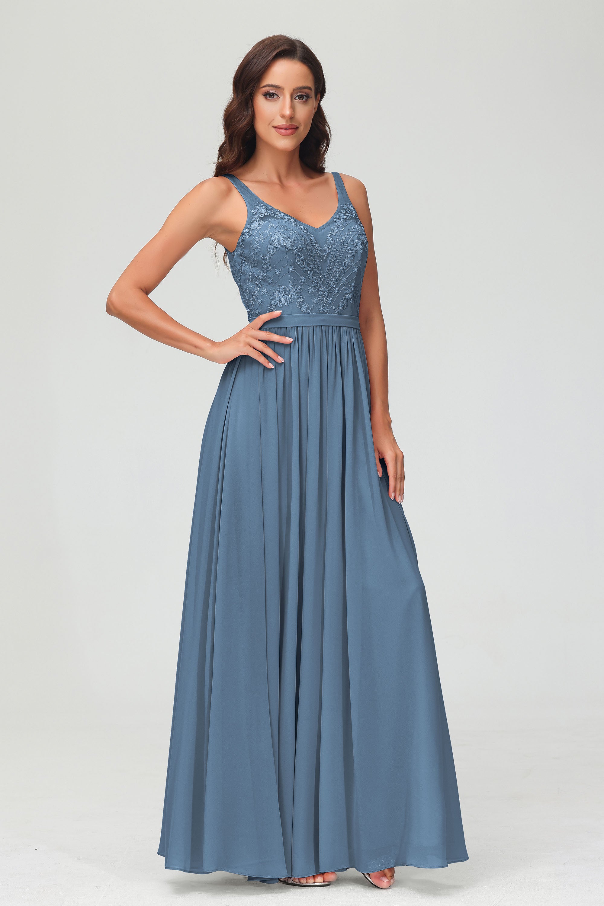 V Neck Chiffon Lace Bridesmaid Dress Formal Evening Dresses Gowns Ruffles Sleeveless