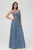 V Neck Chiffon Lace Bridesmaid Dress Formal Evening Dresses Gowns Ruffles Sleeveless