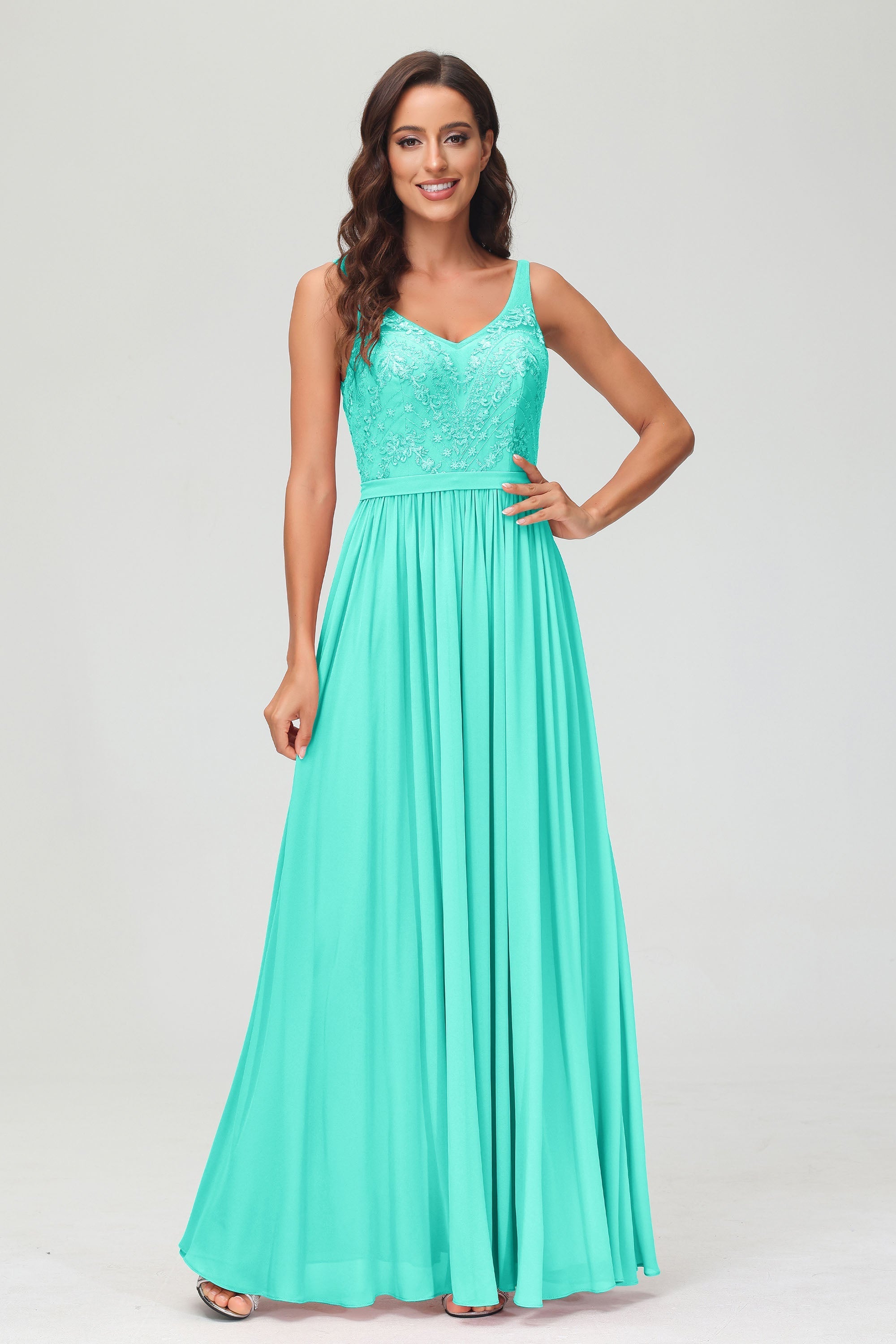 V Neck Chiffon Lace Bridesmaid Dress Formal Evening Dresses Gowns Ruffles Sleeveless