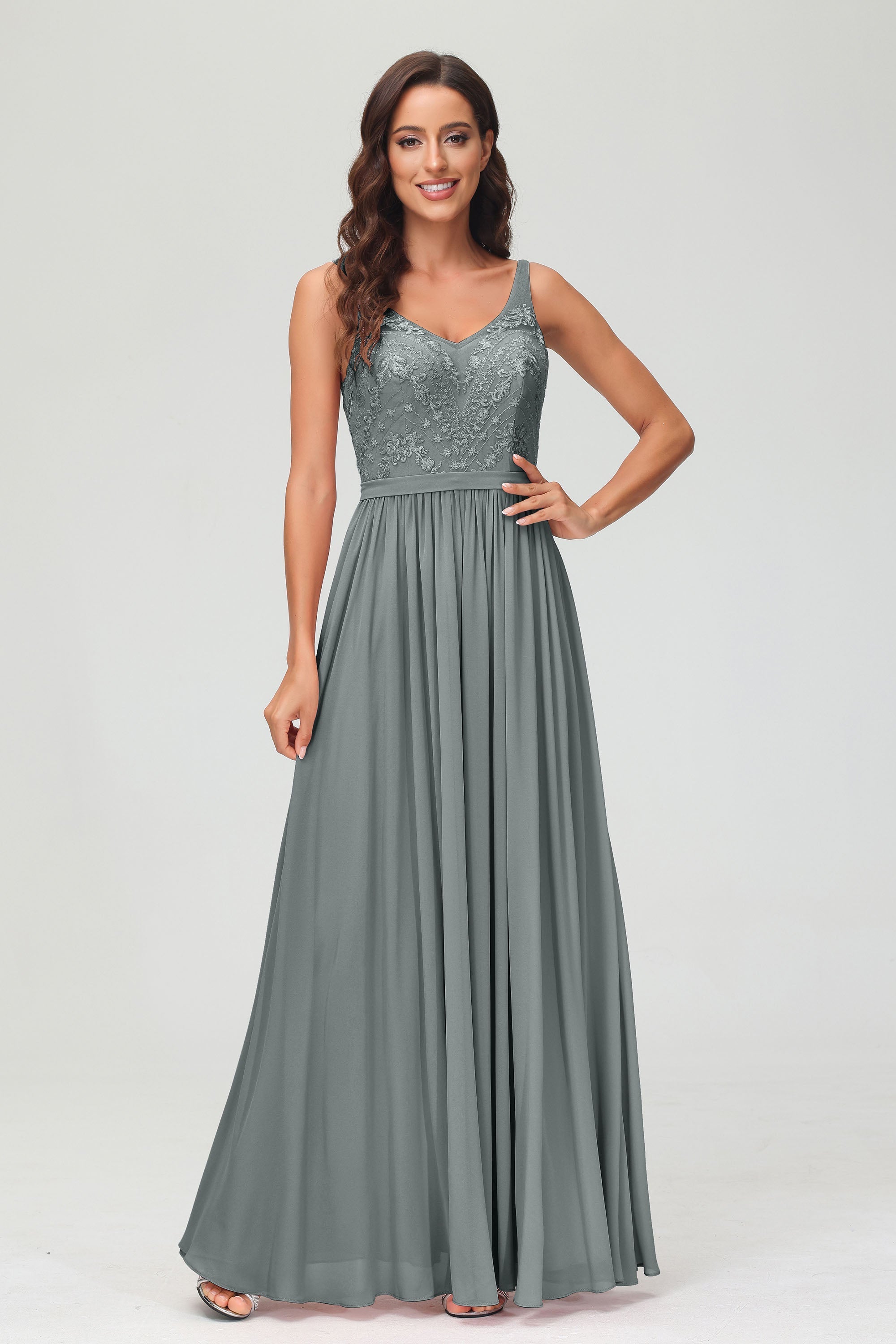 V Neck Chiffon Lace Bridesmaid Dress Formal Evening Dresses Gowns Ruffles Sleeveless