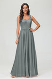 V Neck Chiffon Lace Bridesmaid Dress Formal Evening Dresses Gowns Ruffles Sleeveless