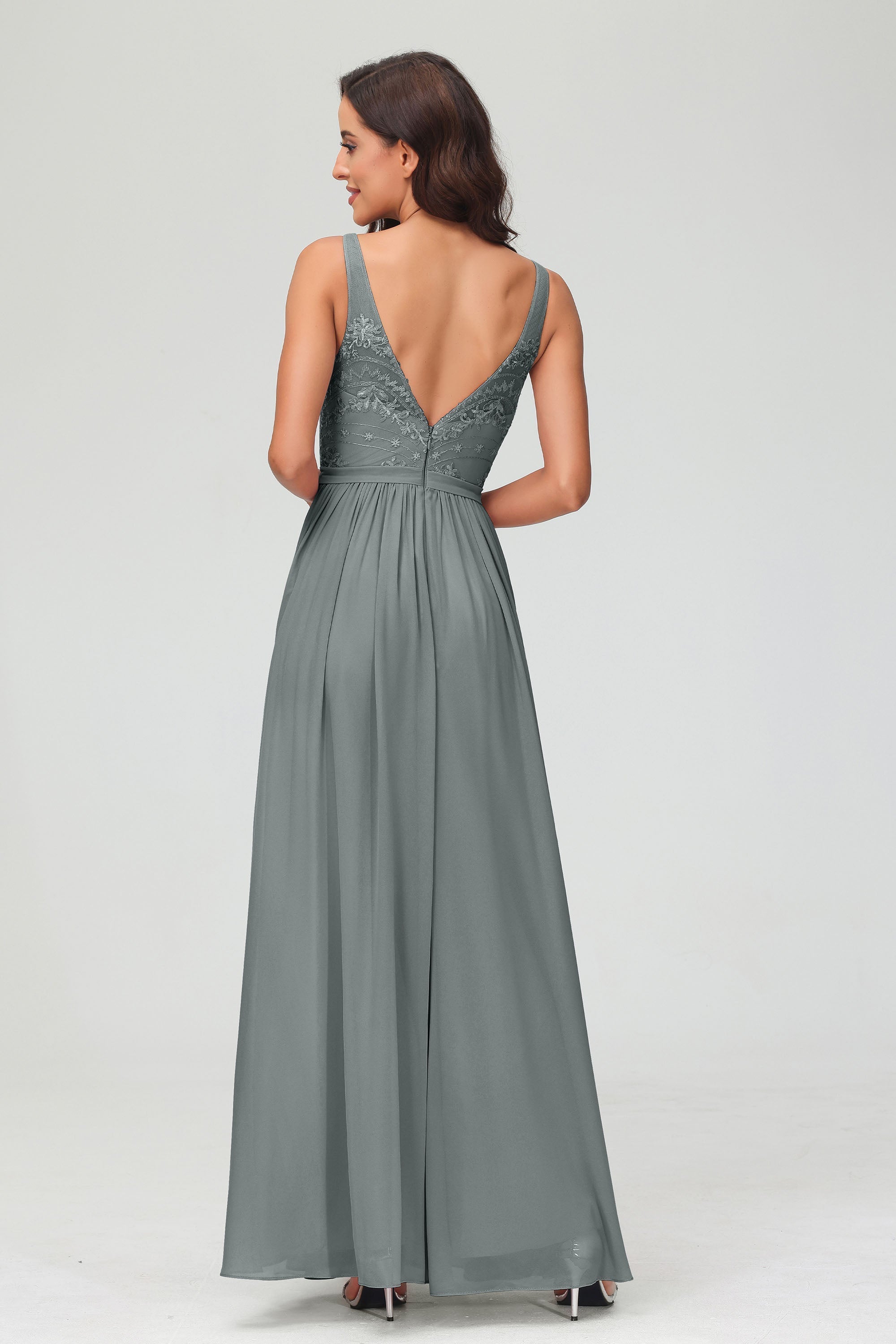 V Neck Chiffon Lace Bridesmaid Dress Formal Evening Dresses Gowns Ruffles Sleeveless