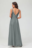 V Neck Chiffon Lace Bridesmaid Dress Formal Evening Dresses Gowns Ruffles Sleeveless