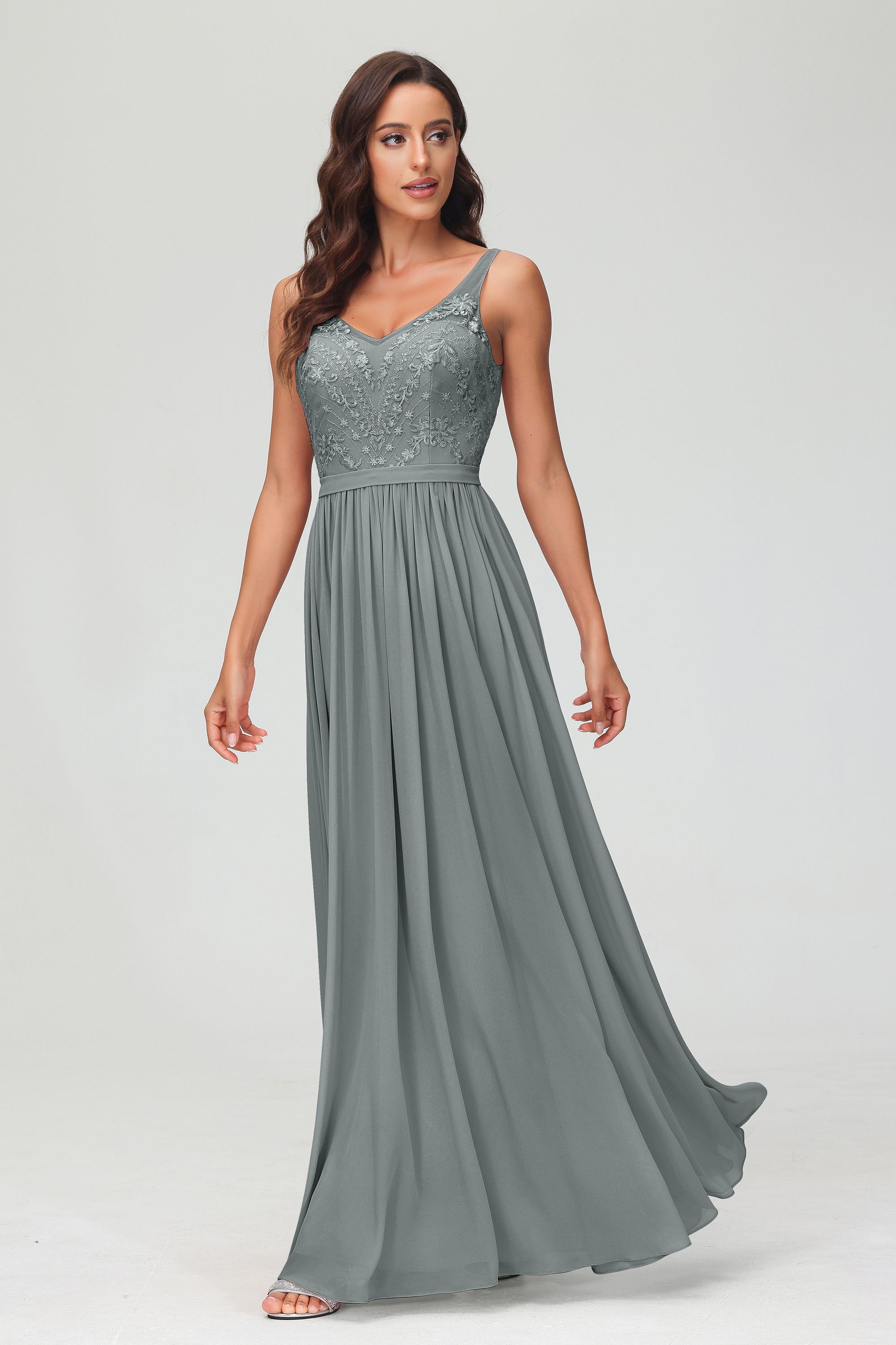 V Neck Chiffon Lace Bridesmaid Dress Formal Evening Dresses Gowns Ruffles Sleeveless