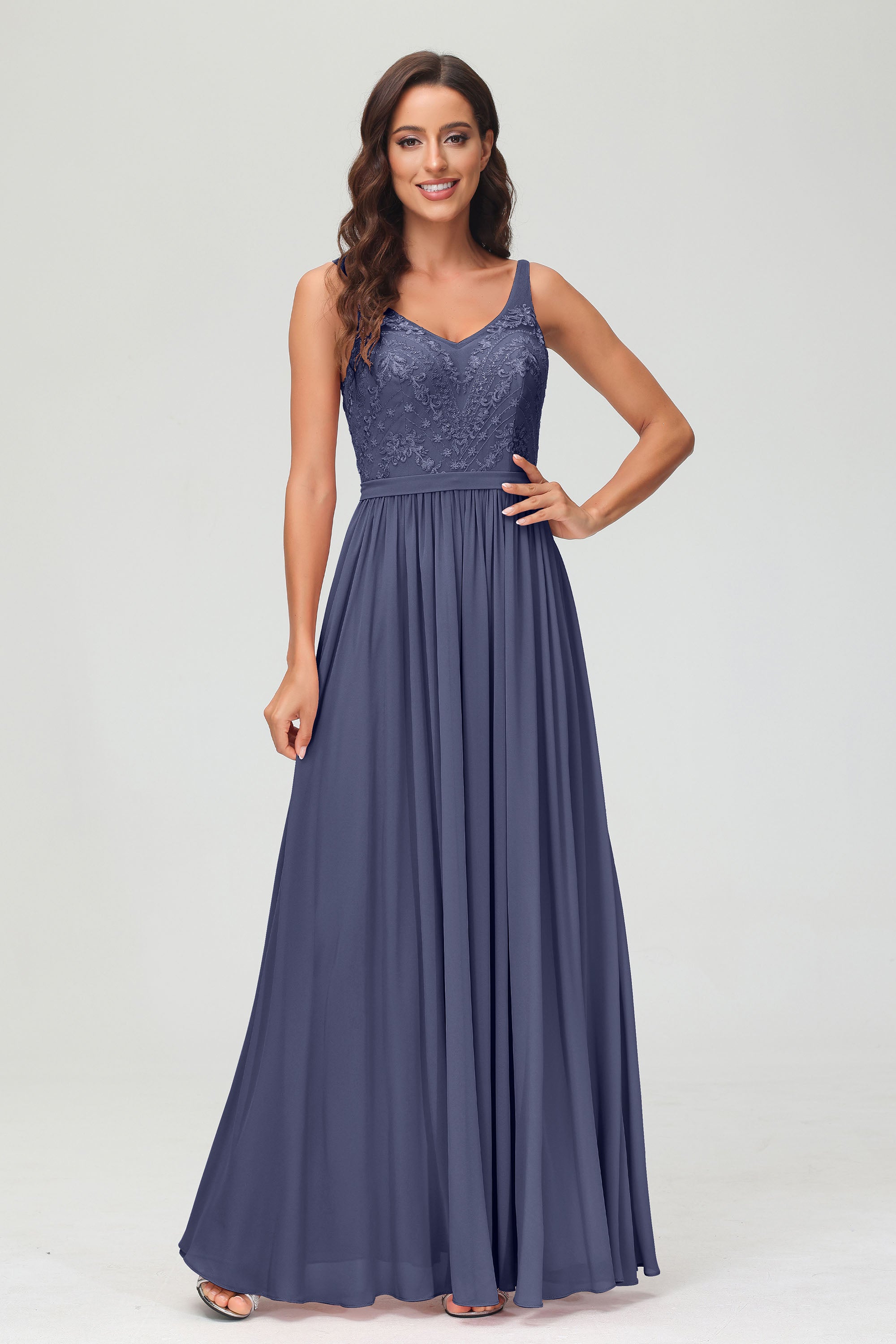 V Neck Chiffon Lace Bridesmaid Dress Formal Evening Dresses Gowns Ruffles Sleeveless