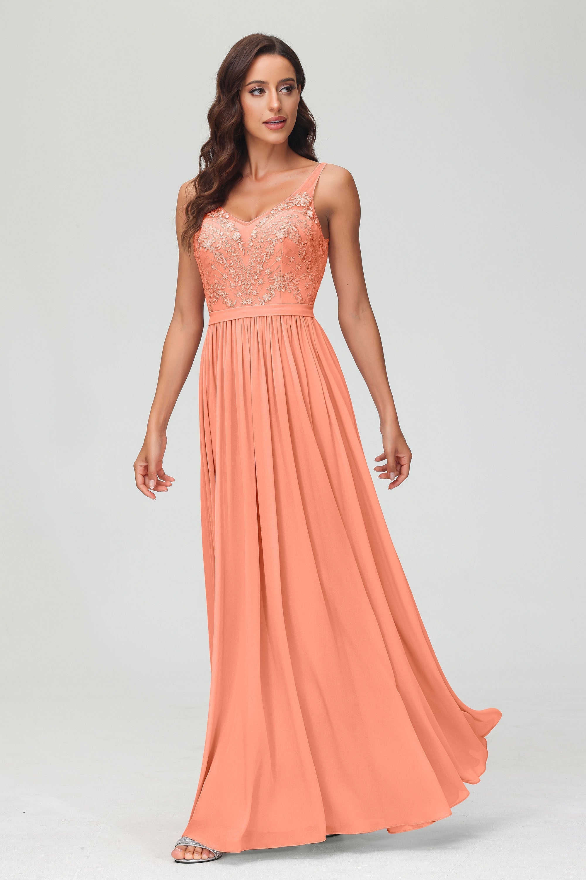 V Neck Chiffon Lace Bridesmaid Dress Formal Evening Dresses Gowns Ruffles Sleeveless