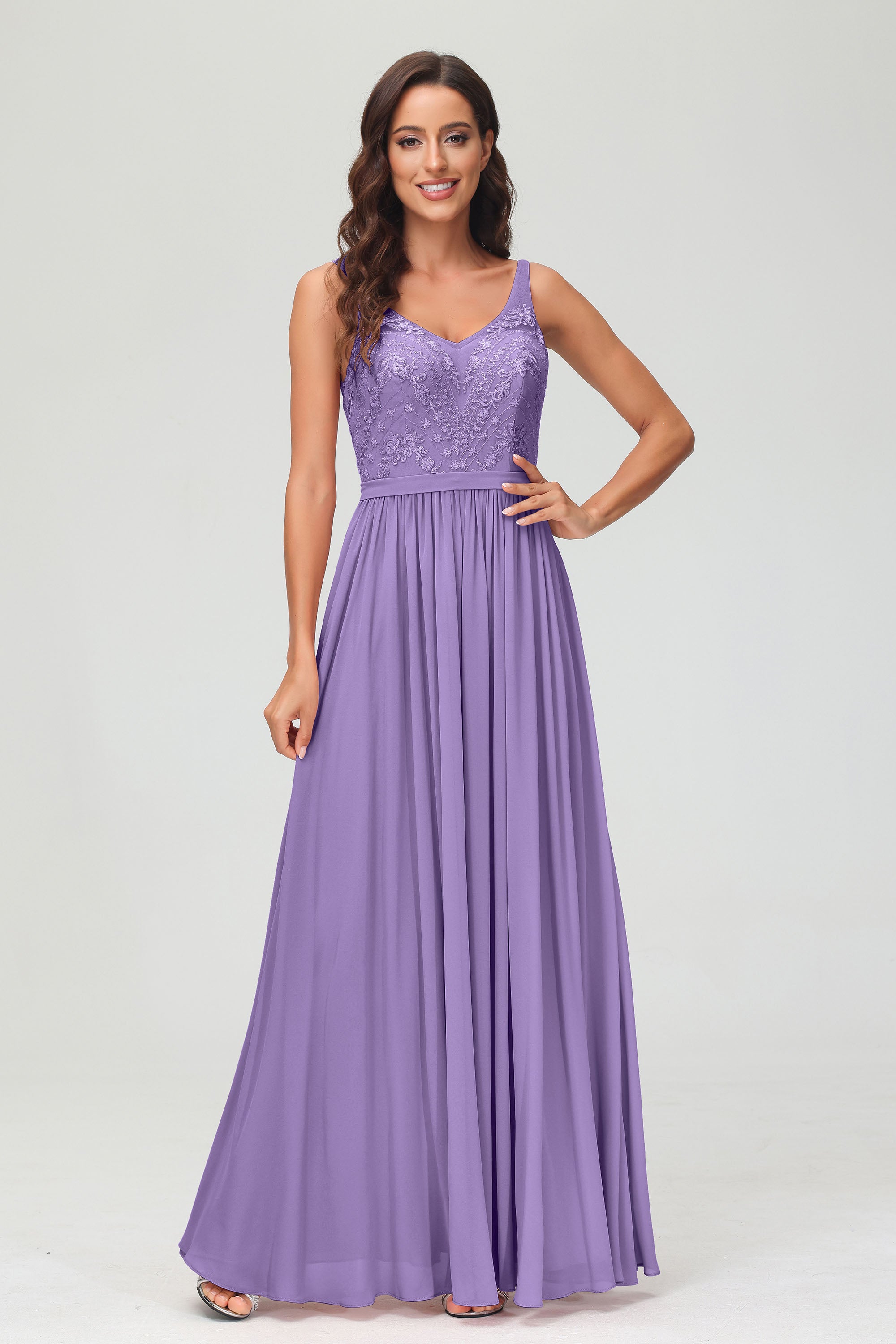 V Neck Chiffon Lace Bridesmaid Dress Formal Evening Dresses Gowns Ruffles Sleeveless