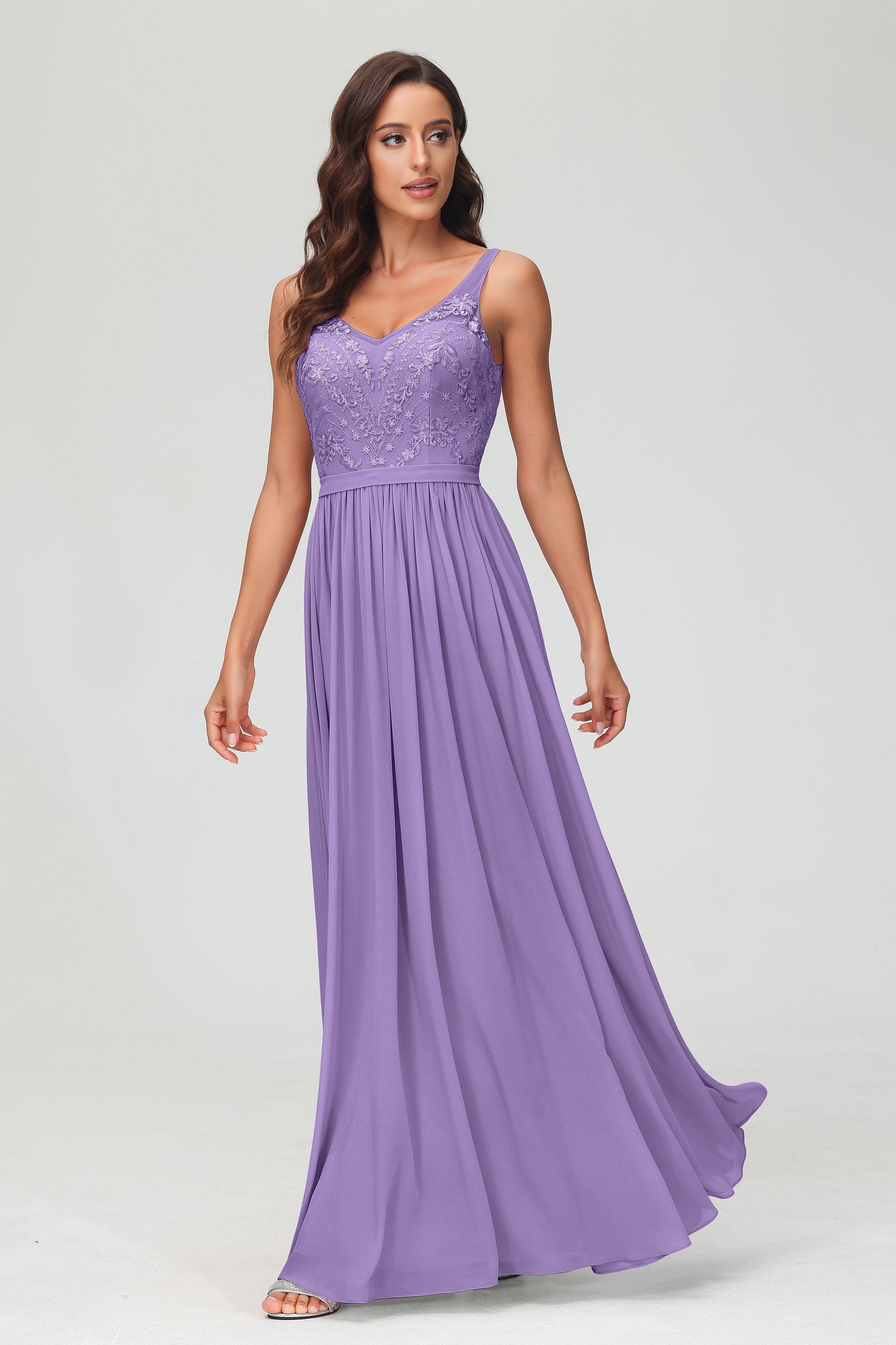 V Neck Chiffon Lace Bridesmaid Dress Formal Evening Dresses Gowns Ruffles Sleeveless