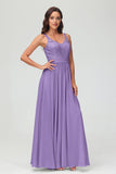 V Neck Chiffon Lace Bridesmaid Dress Formal Evening Dresses Gowns Ruffles Sleeveless