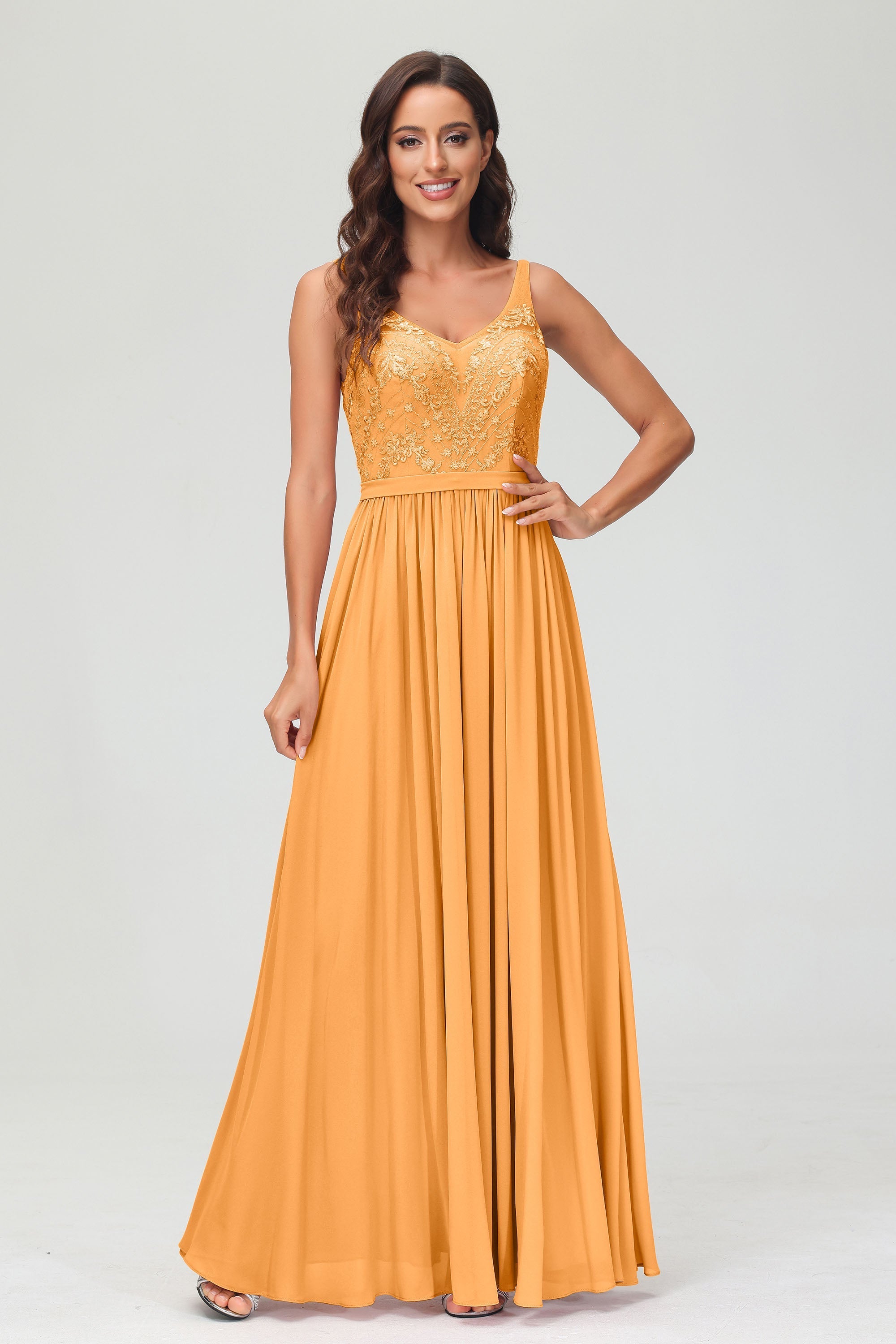 V Neck Chiffon Lace Bridesmaid Dress Formal Evening Dresses Gowns Ruffles Sleeveless