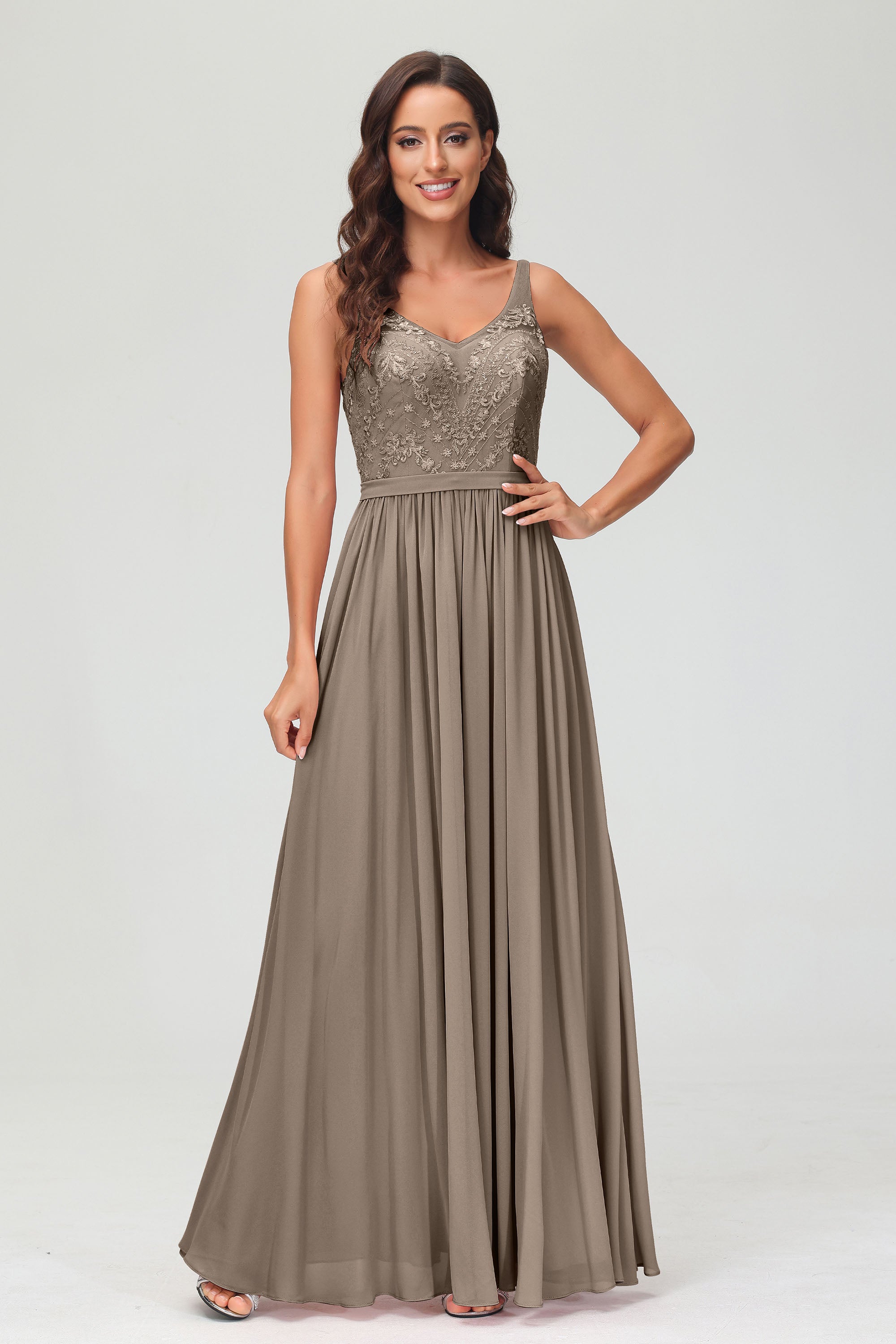 V Neck Chiffon Lace Bridesmaid Dress Formal Evening Dresses Gowns Ruffles Sleeveless