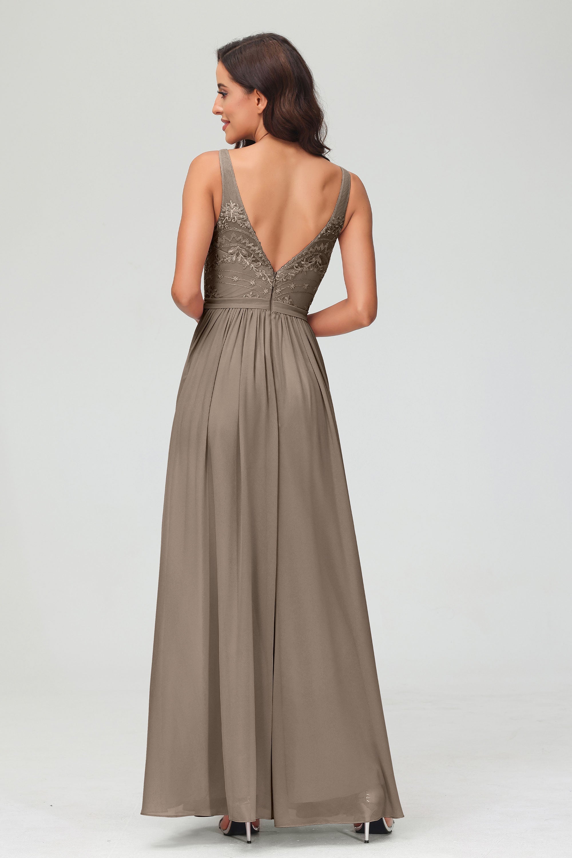 V Neck Chiffon Lace Bridesmaid Dress Formal Evening Dresses Gowns Ruffles Sleeveless