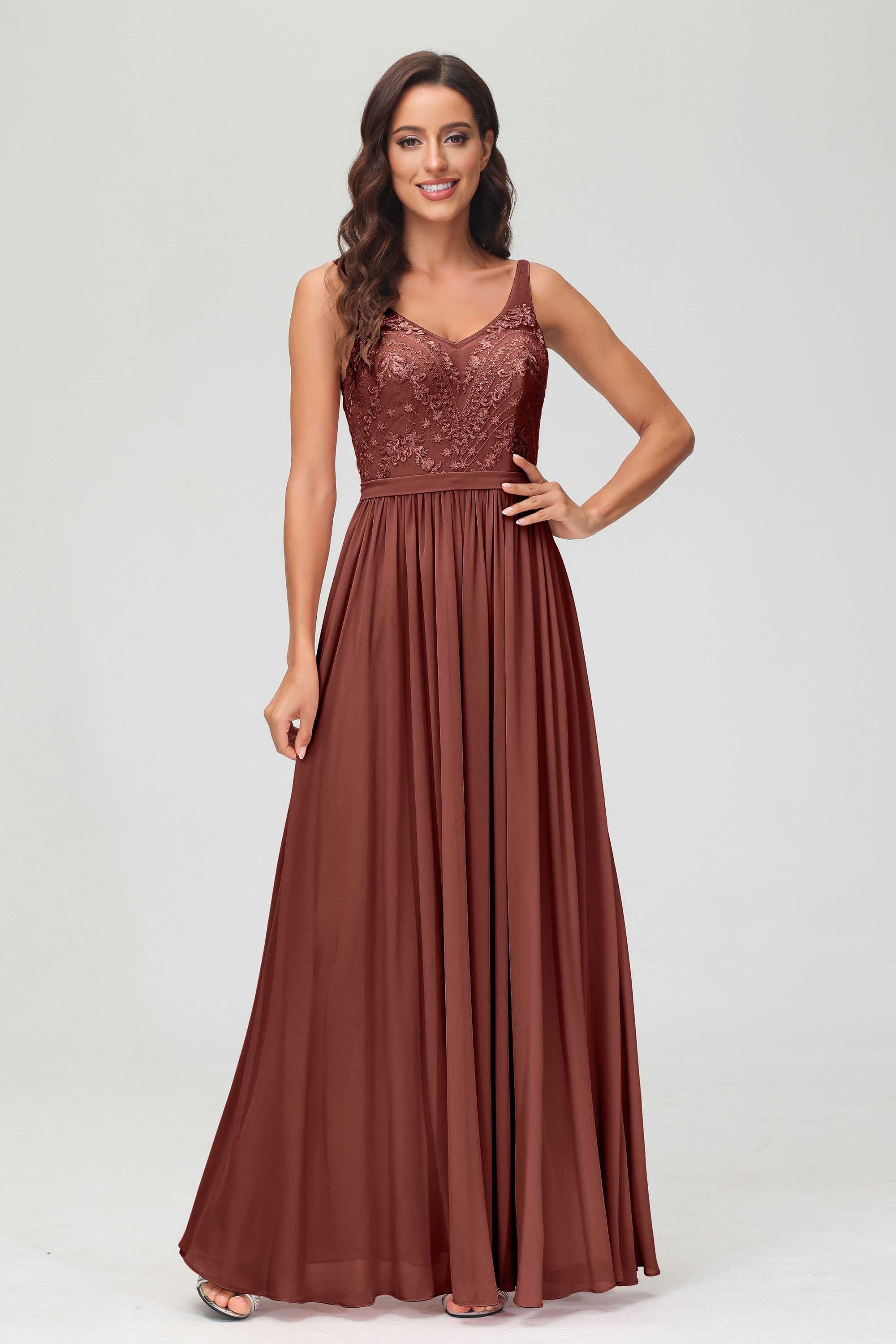 V Neck Chiffon Lace Bridesmaid Dress Formal Evening Dresses Gowns Ruffles Sleeveless
