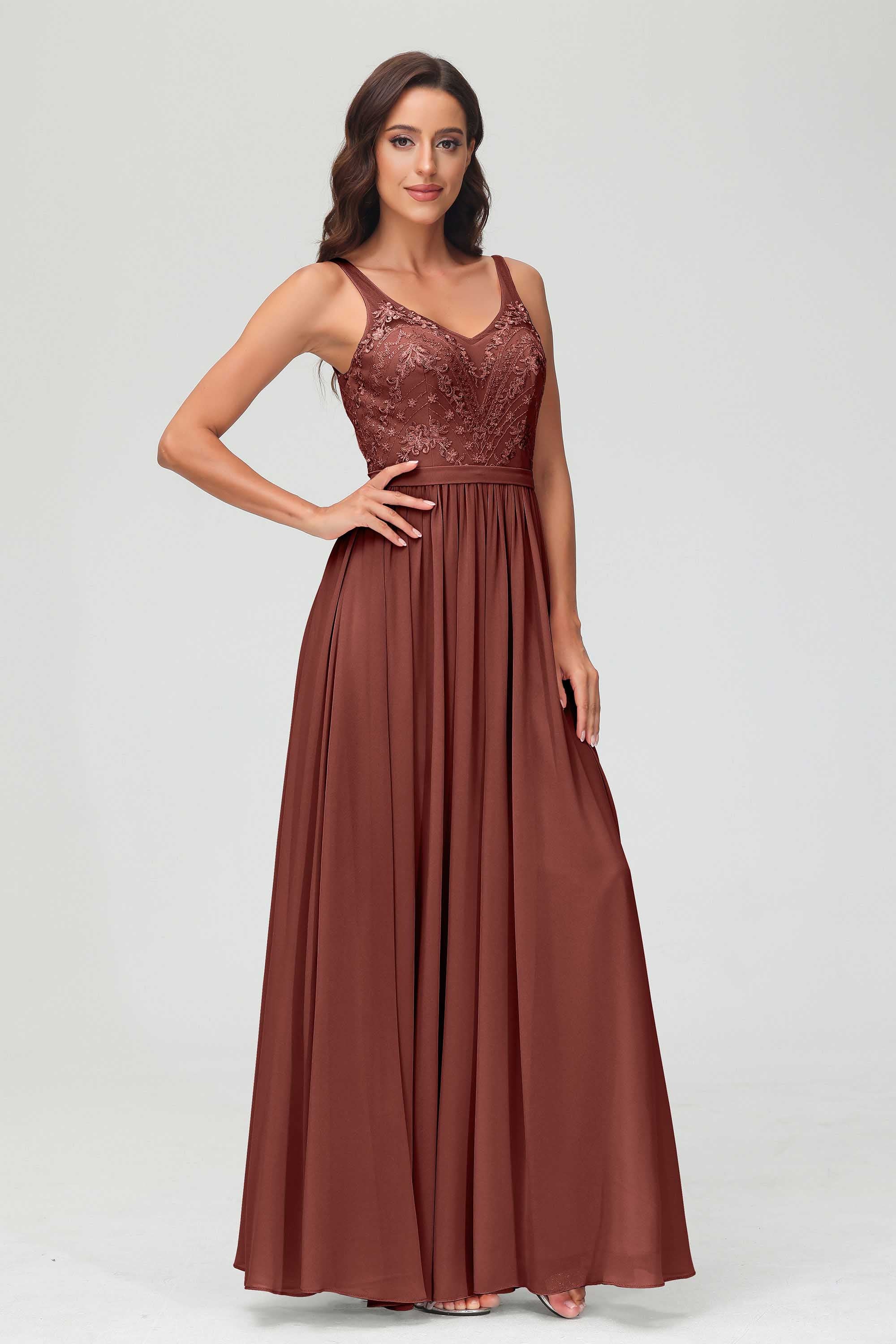 V Neck Chiffon Lace Bridesmaid Dress Formal Evening Dresses Gowns Ruffles Sleeveless