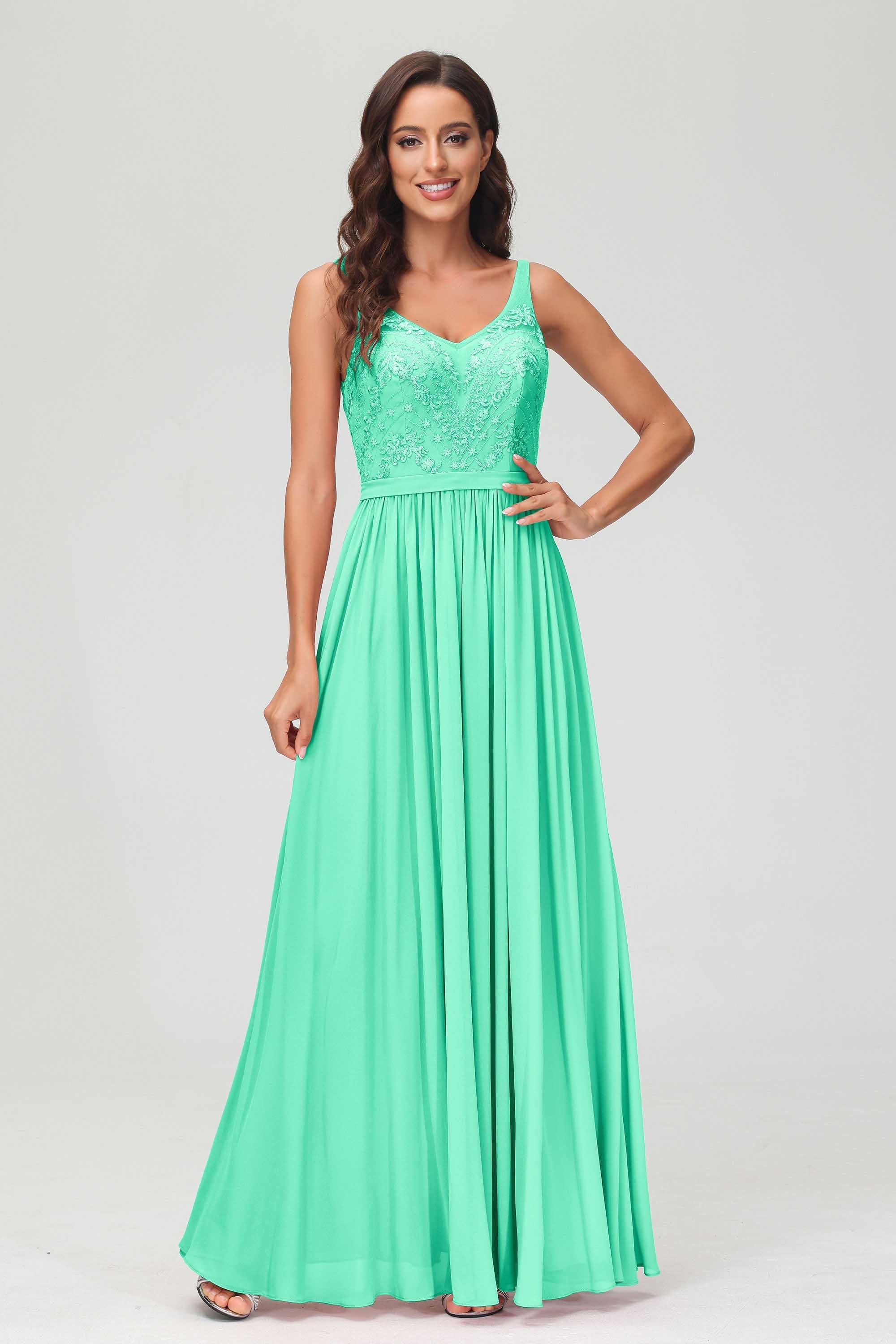 V Neck Chiffon Lace Bridesmaid Dress Formal Evening Dresses Gowns Ruffles Sleeveless