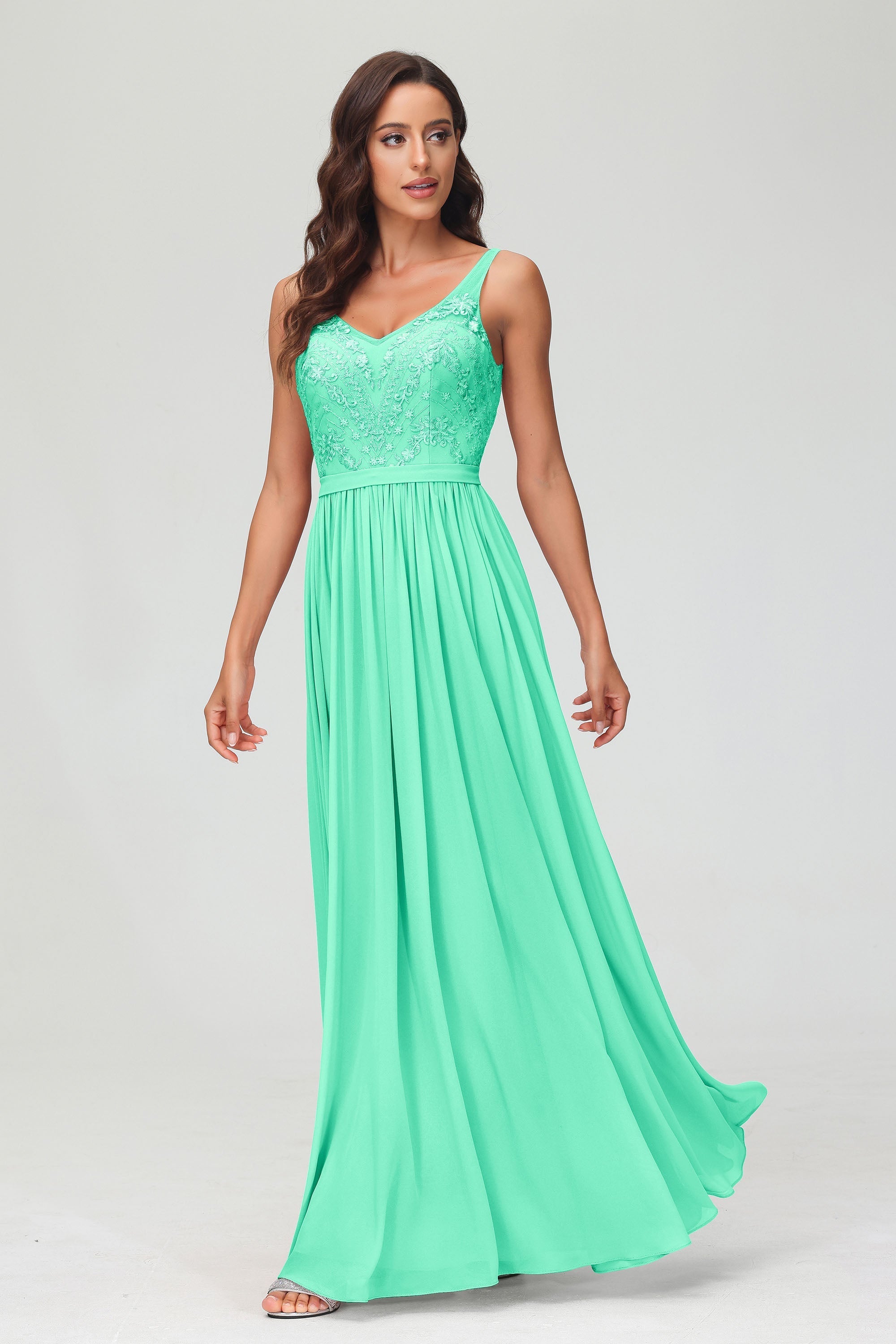 V Neck Chiffon Lace Bridesmaid Dress Formal Evening Dresses Gowns Ruffles Sleeveless