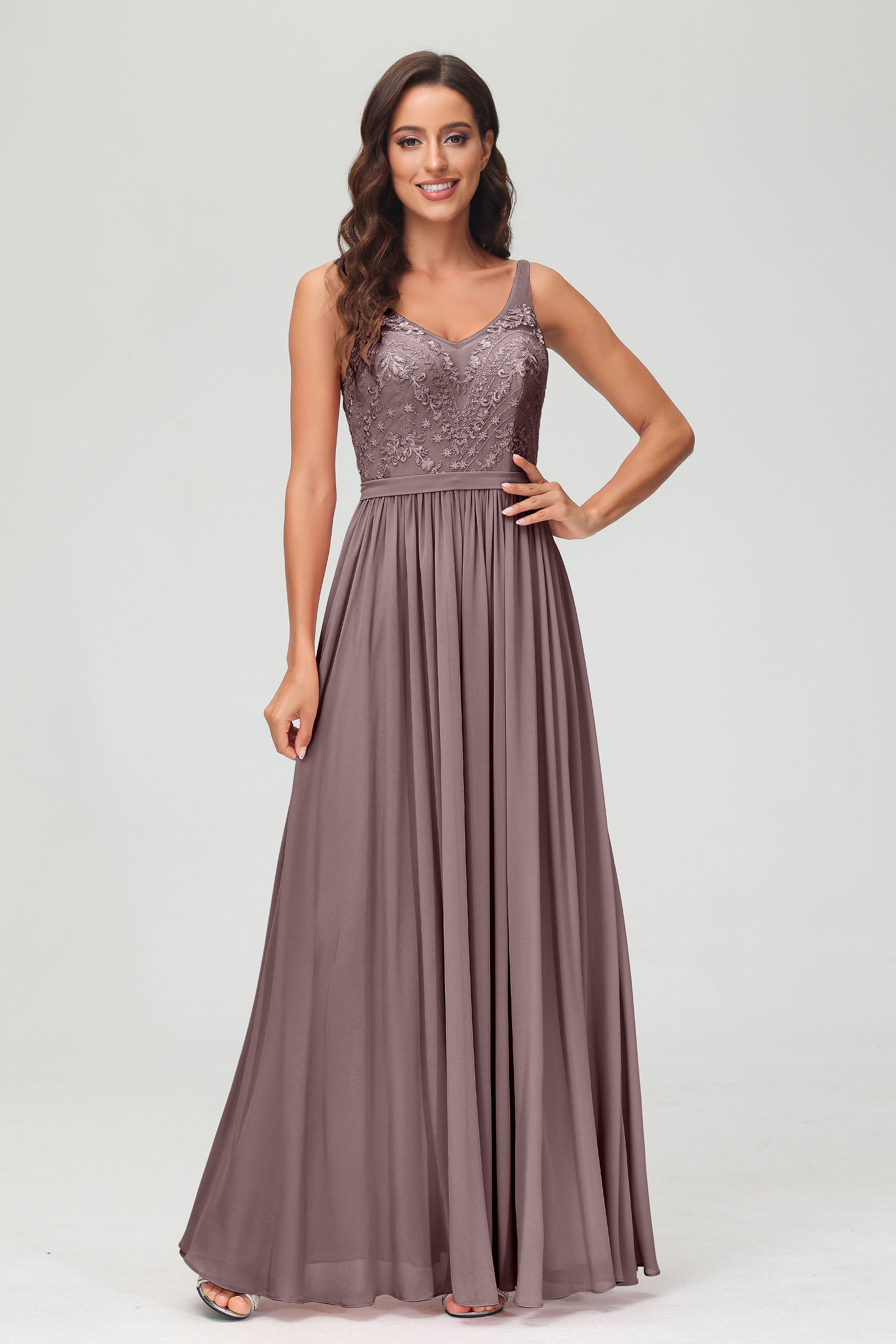 V Neck Chiffon Lace Bridesmaid Dress Formal Evening Dresses Gowns Ruffles Sleeveless
