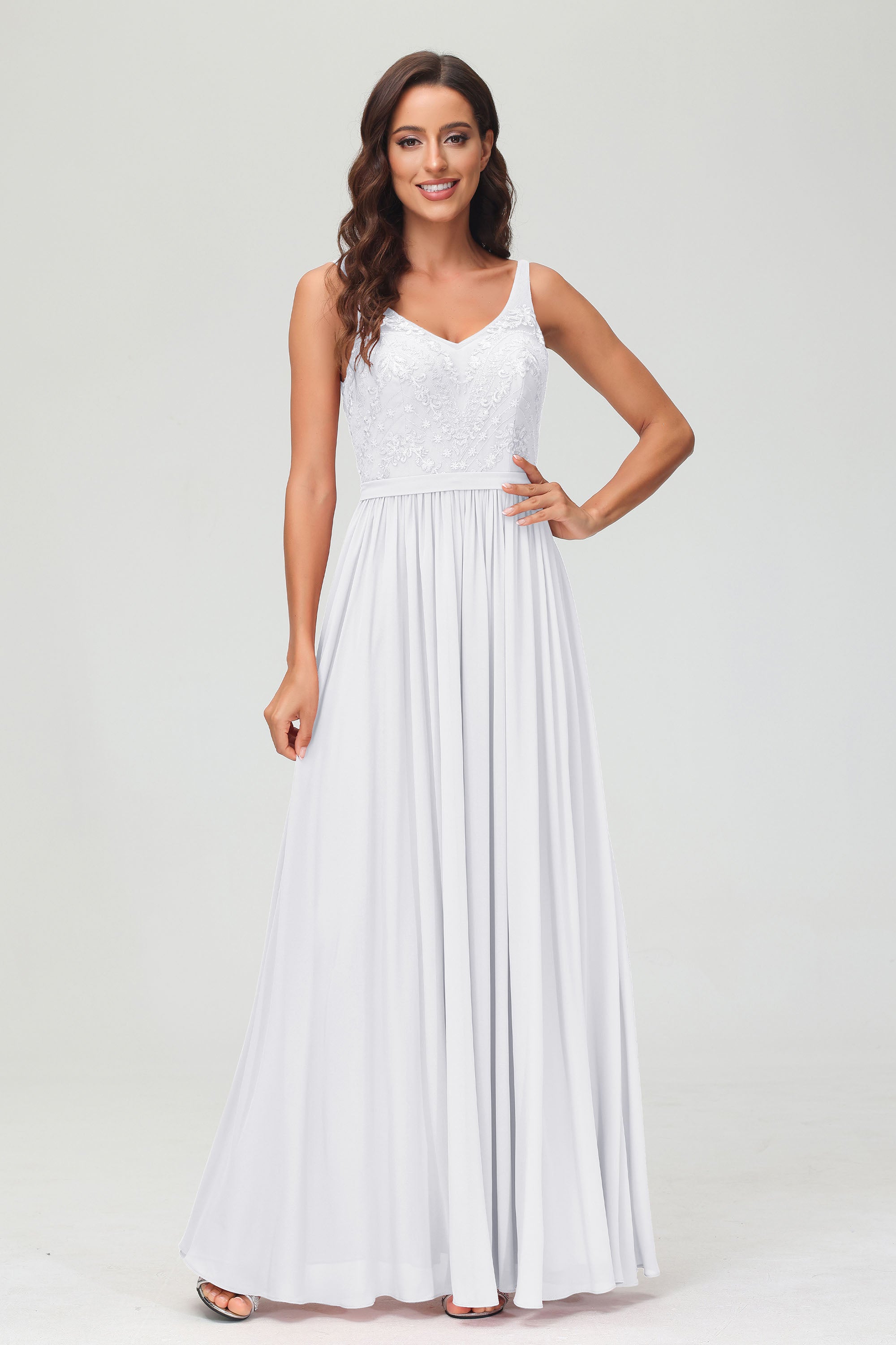 V Neck Chiffon Lace Bridesmaid Dress Formal Evening Dresses Gowns Ruffles Sleeveless