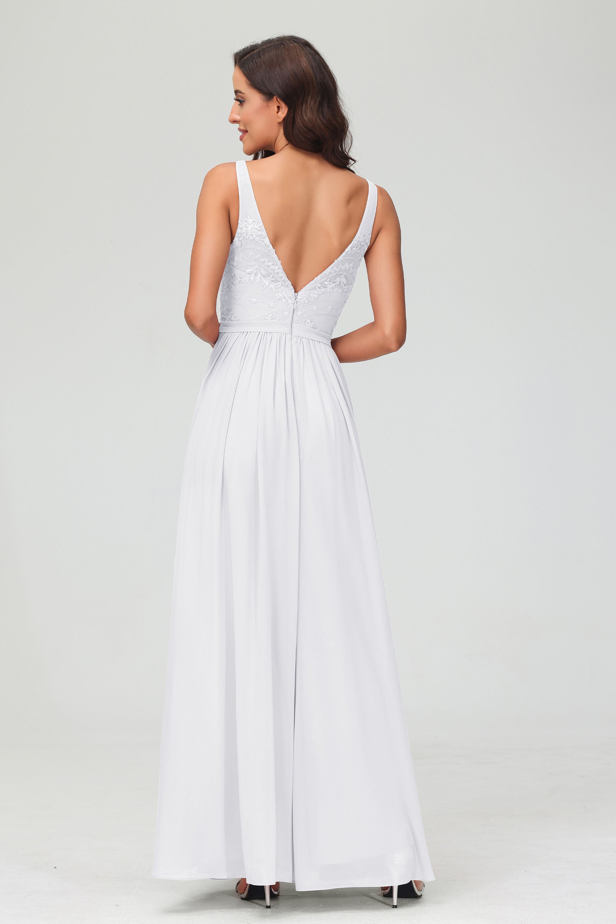 V Neck Chiffon Lace Bridesmaid Dress Formal Evening Dresses Gowns Ruffles Sleeveless