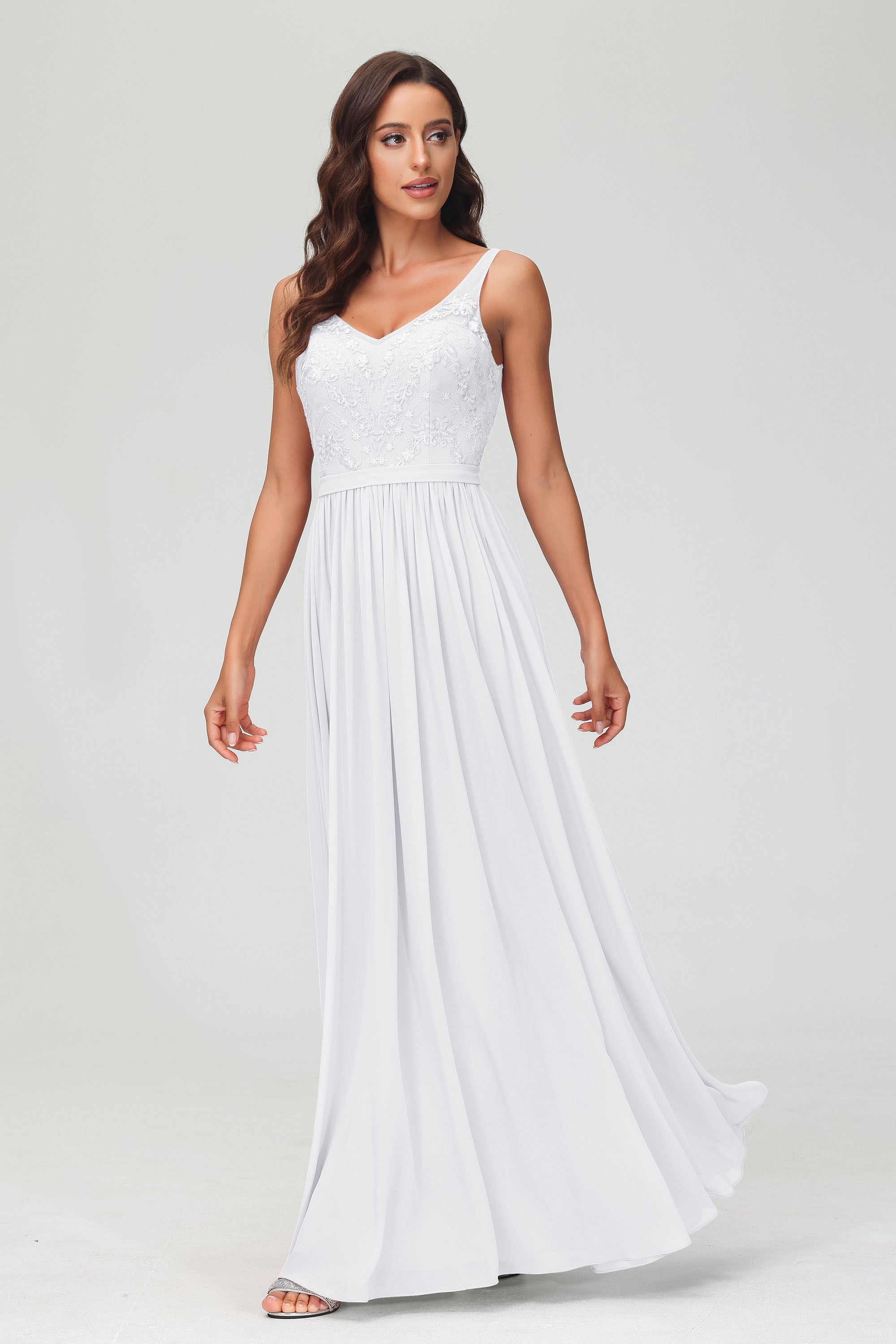 V Neck Chiffon Lace Bridesmaid Dress Formal Evening Dresses Gowns Ruffles Sleeveless