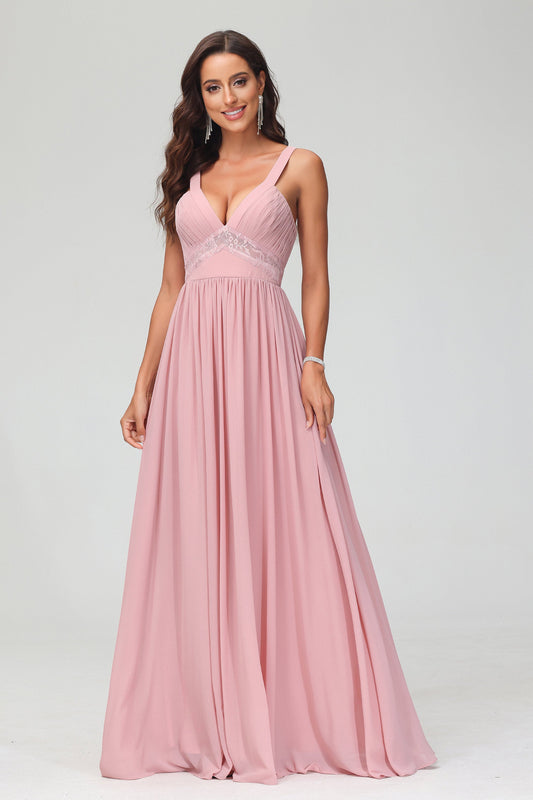 V Neck Chiffon Pleated Bridesmaid Dress Long Sleeveless Ruffles Formal Evening Dresses with Lace