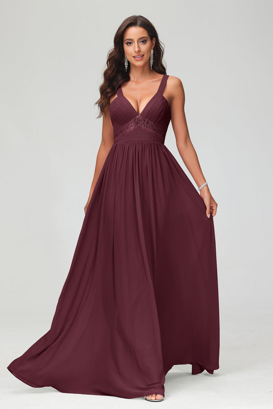 V Neck Chiffon Pleated Bridesmaid Dress Long Sleeveless Ruffles Formal Evening Dresses with Lace