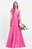 One Shoulder Satin Pleated Bridesmaid Dress Long Bowknot Formal Evening Party Dresses Gowns