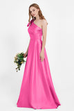 One Shoulder Satin Pleated Bridesmaid Dress Long Bowknot Formal Evening Party Dresses Gowns
