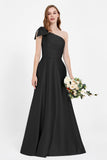 One Shoulder Satin Pleated Bridesmaid Dress Long Bowknot Formal Evening Party Dresses Gowns