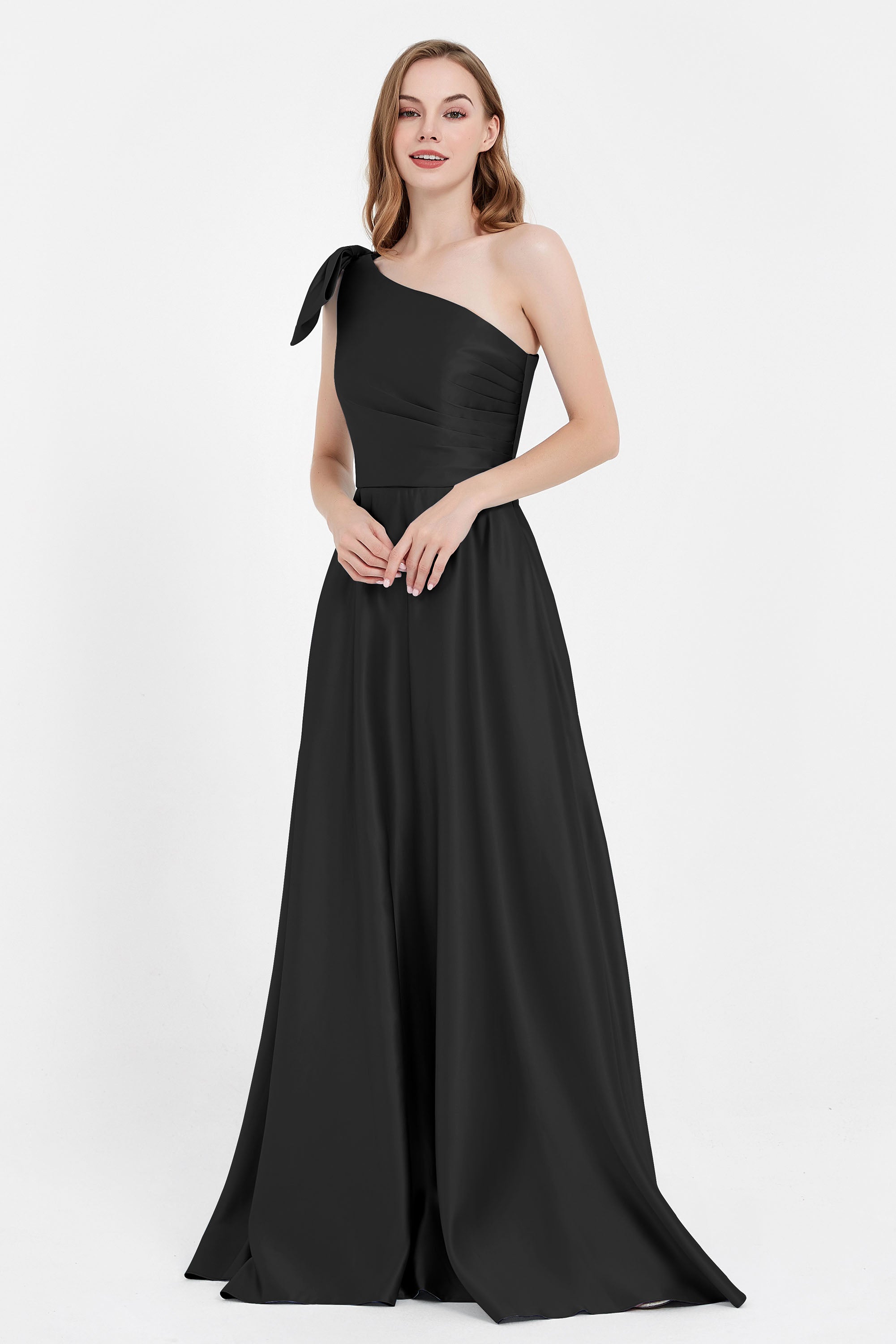 One Shoulder Satin Pleated Bridesmaid Dress Long Bowknot Formal Evening Party Dresses Gowns