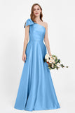 One Shoulder Satin Pleated Bridesmaid Dress Long Bowknot Formal Evening Party Dresses Gowns