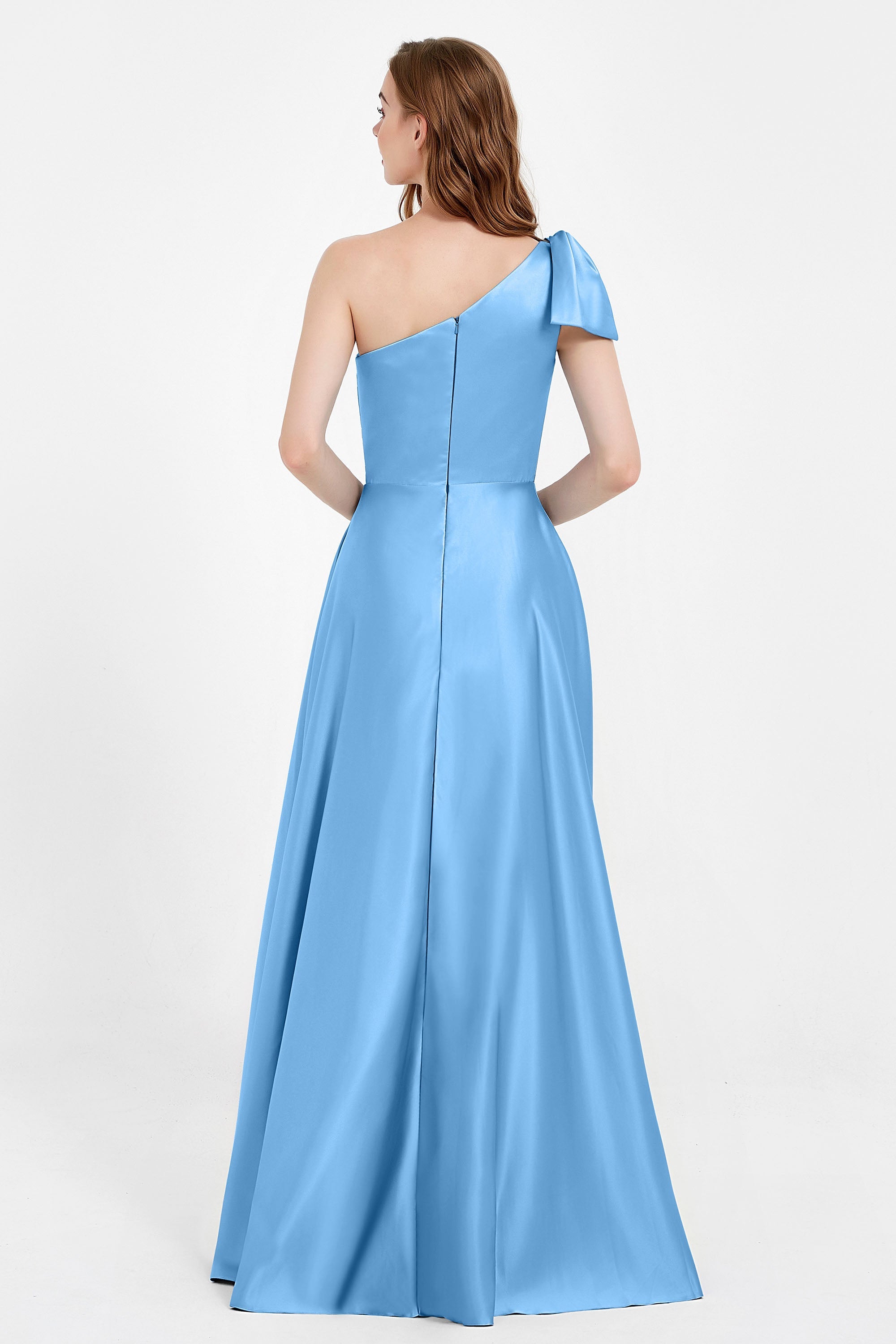 One Shoulder Satin Pleated Bridesmaid Dress Long Bowknot Formal Evening Party Dresses Gowns