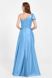 One Shoulder Satin Pleated Bridesmaid Dress Long Bowknot Formal Evening Party Dresses Gowns