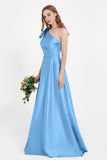One Shoulder Satin Pleated Bridesmaid Dress Long Bowknot Formal Evening Party Dresses Gowns